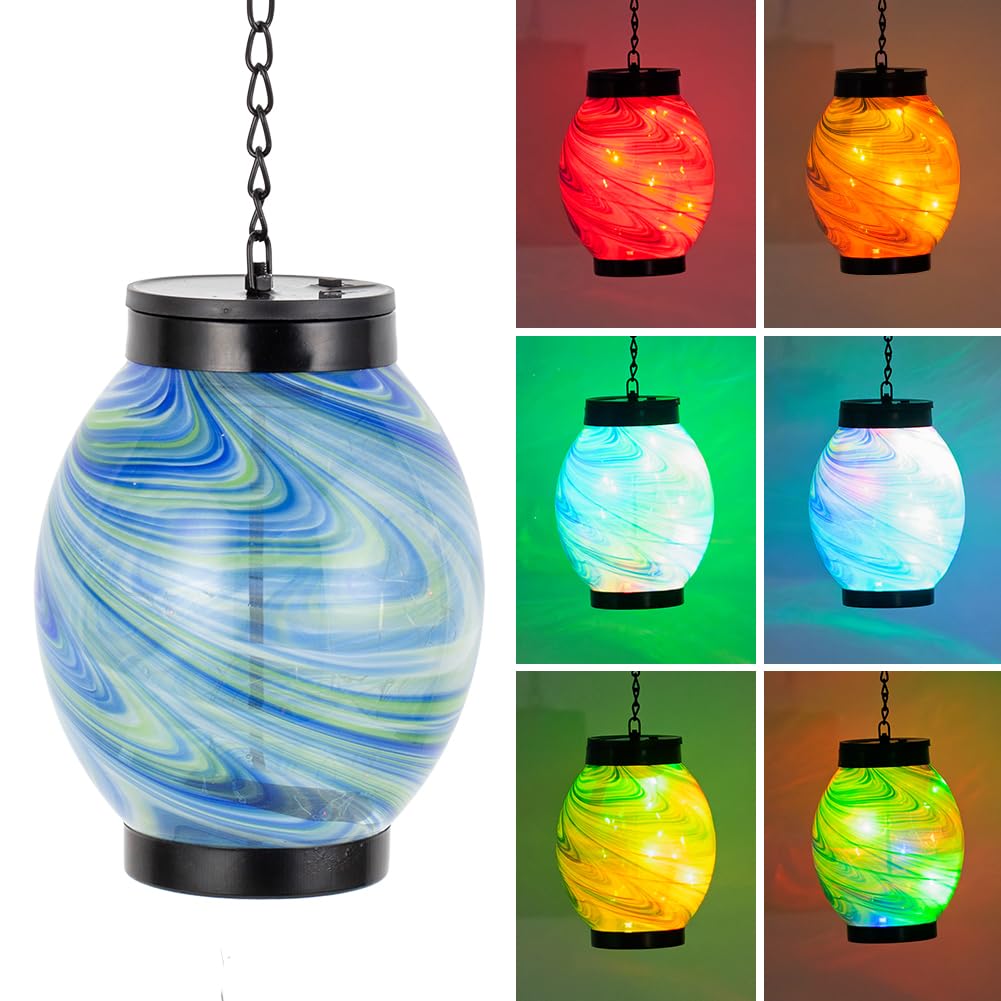 Yele Hanging Solar Lanterns Outdoor Waterproof,21" Blue Glass Solar Lights With Rgb Color Changing String Light,Outdoor Lanterns For Patio Tree Yard Tabletop Garden Decor,Garden  For Women
