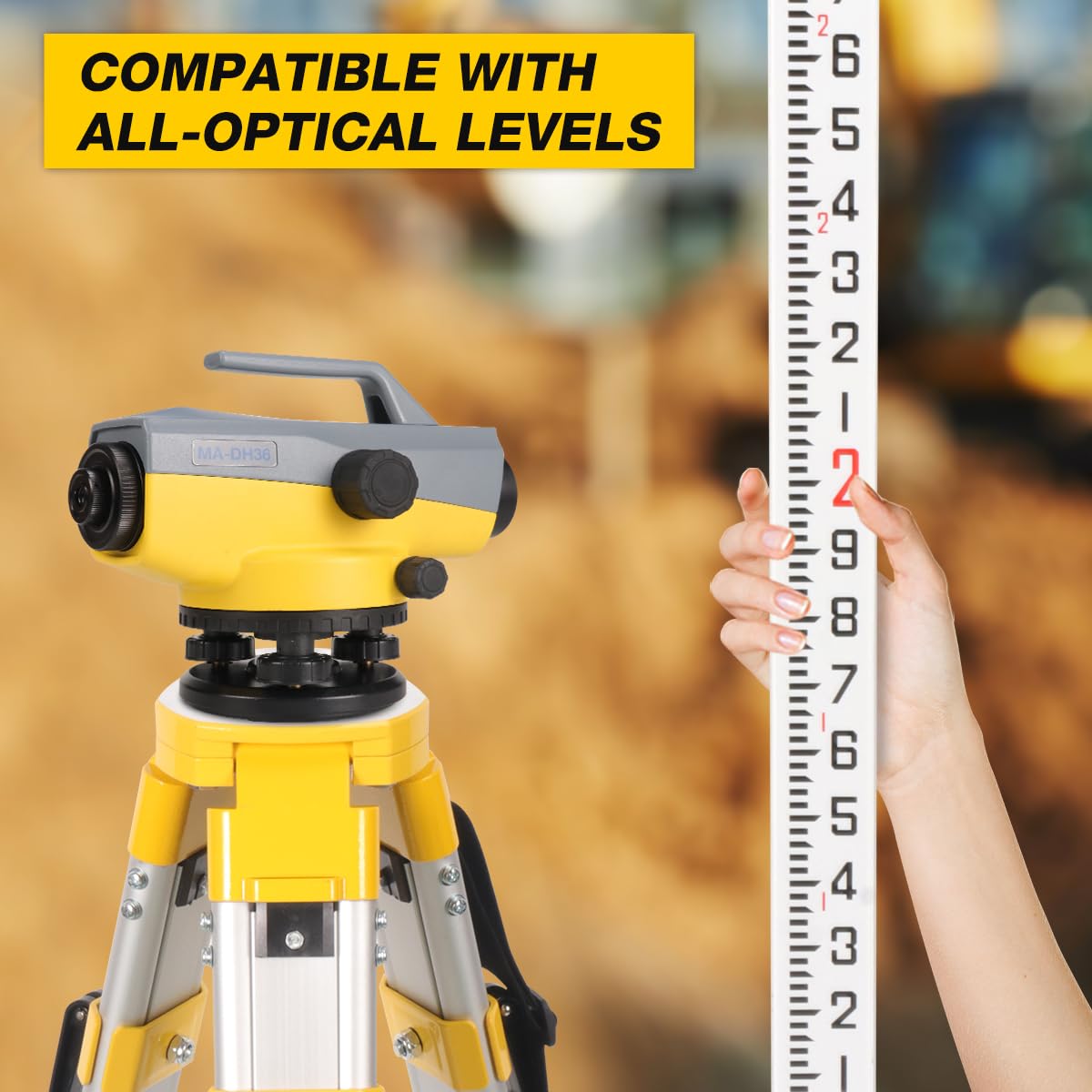 Mountlaser Lightweight Aluminum Surveying Tripod 62.2" With 5/8-Inch 11-Threaded Flat Head And Dual Lock，9 Ft Dual Sided Telescopic Aluminum Grade Rod For Precise Construction Measurement,Land Surveying