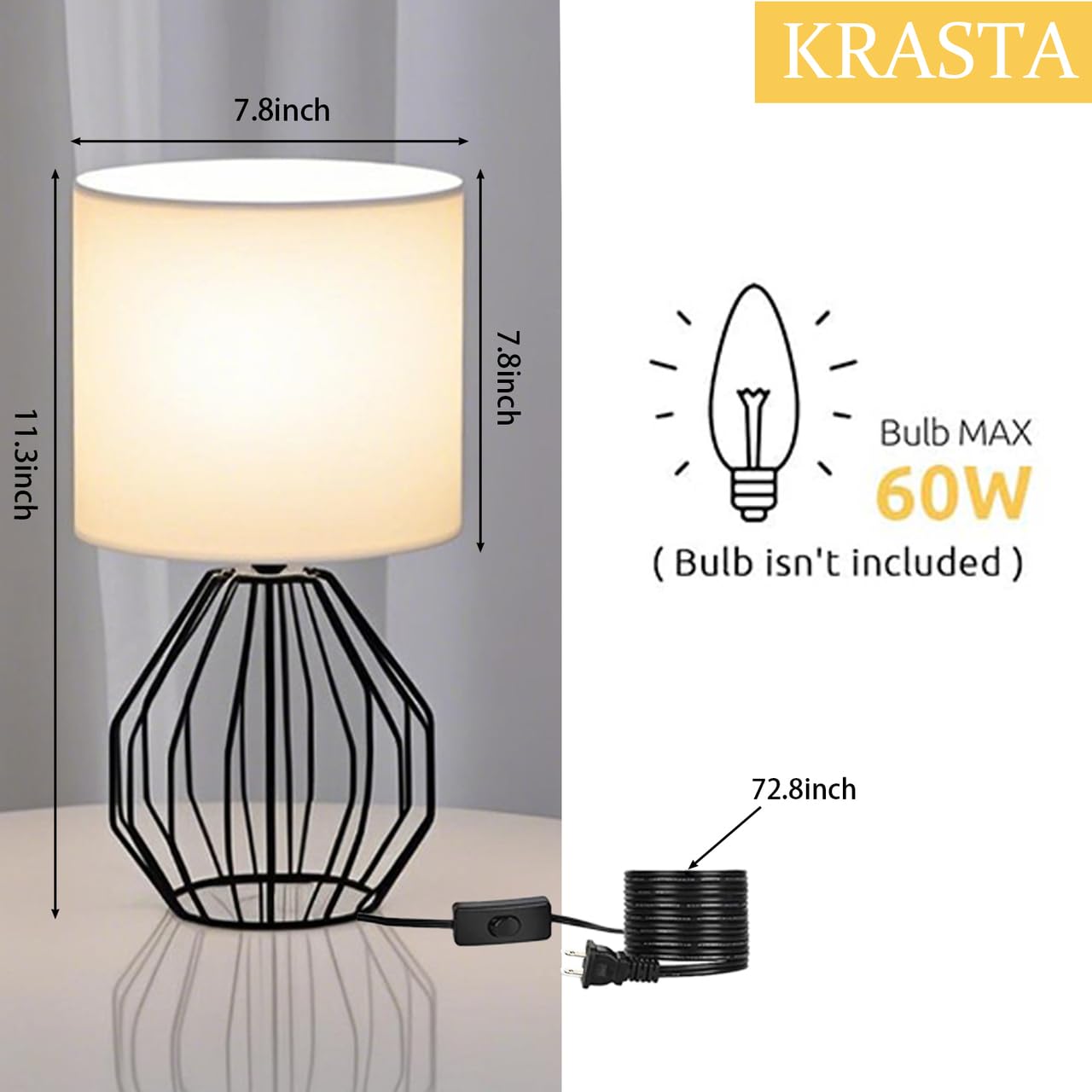 Krasty Small Black Table Lamp,Bedside Nightstand Desk Lamps With White Fabric Shade, Hollow Metal Base,Modern Geometric Lamp For Bedrooms,Living Room,Office,Entryway,Coffee Table,Kids Room