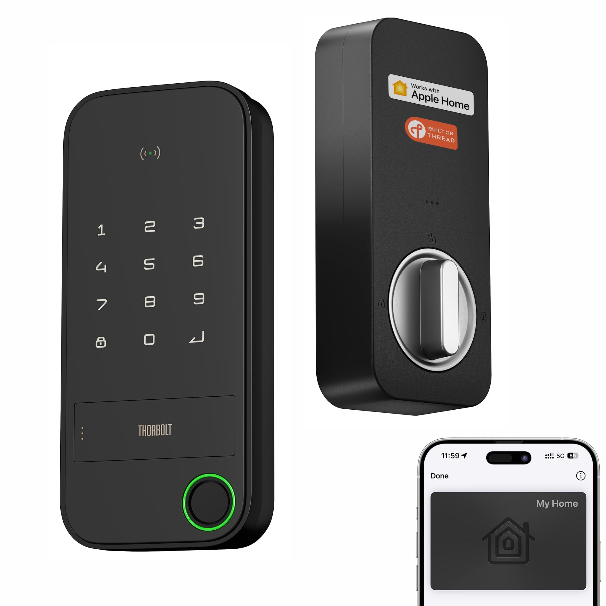 Thorbolt X1 Apple Home Key Tap To Unlock, Smart Keyless Entry Door Lock With Fingerprint, Touch Keypad Deadbolt Lock Works With Homekit Over Thread (Border Router), Ip65 Weatherproof, Black