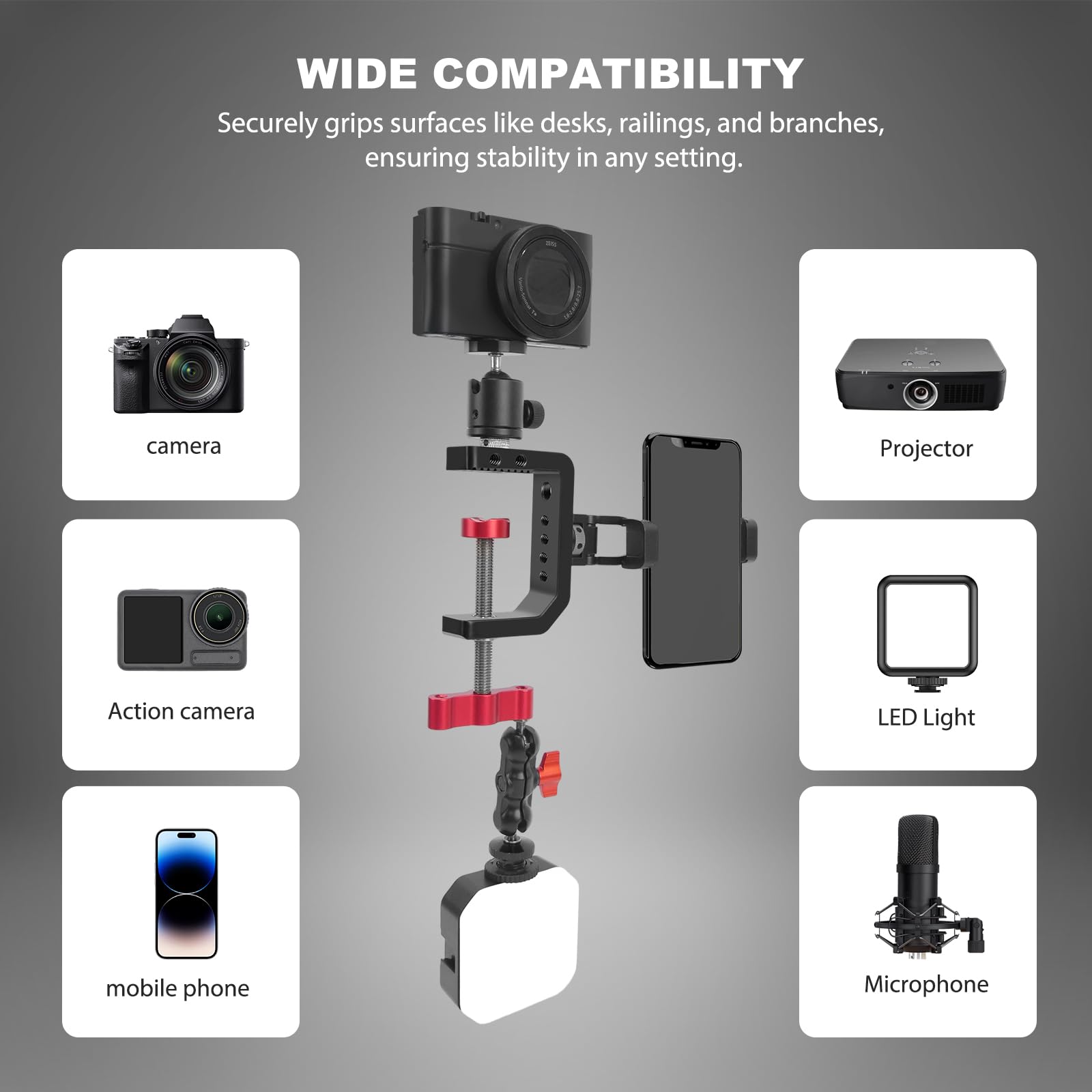 Mechrig C Clamp Desk Camera Mount, Aluminum Table C-Clamp With 1/4" 3/8" Thread, Desktop Dslr Mount For Photo Studio Video Camera, Light Stand, Desk, Rods, Shelves, Bike, Max Clamp 2.36" (6)