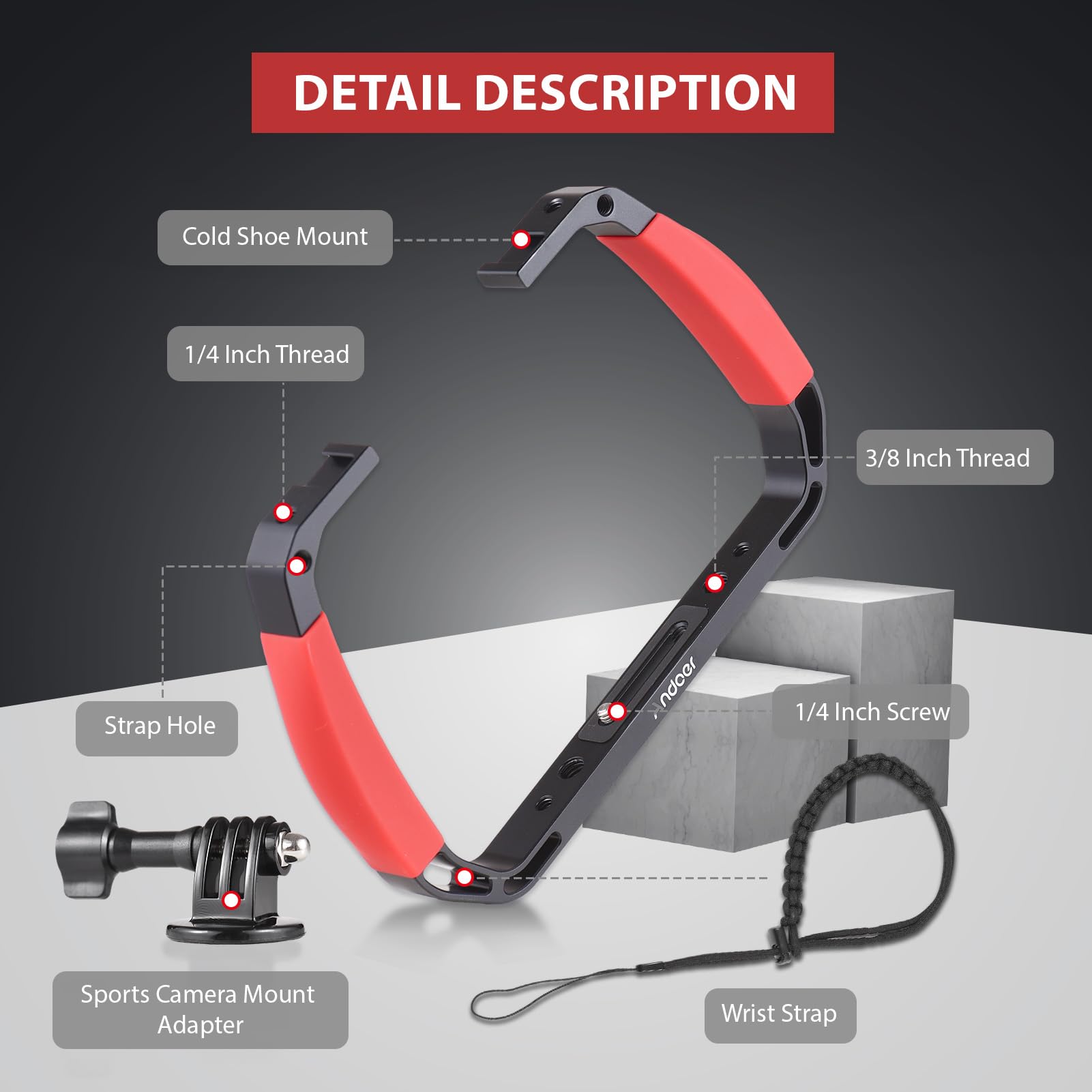 Andoer Submersible Stabilizer Mount, Handheld Stabilizer For Action Camera With Mounts For Cold Shoes Strap Compatible With Gopro Hero 12/11/10, Dji Osmo Action 4/3/2, Insta360, Red