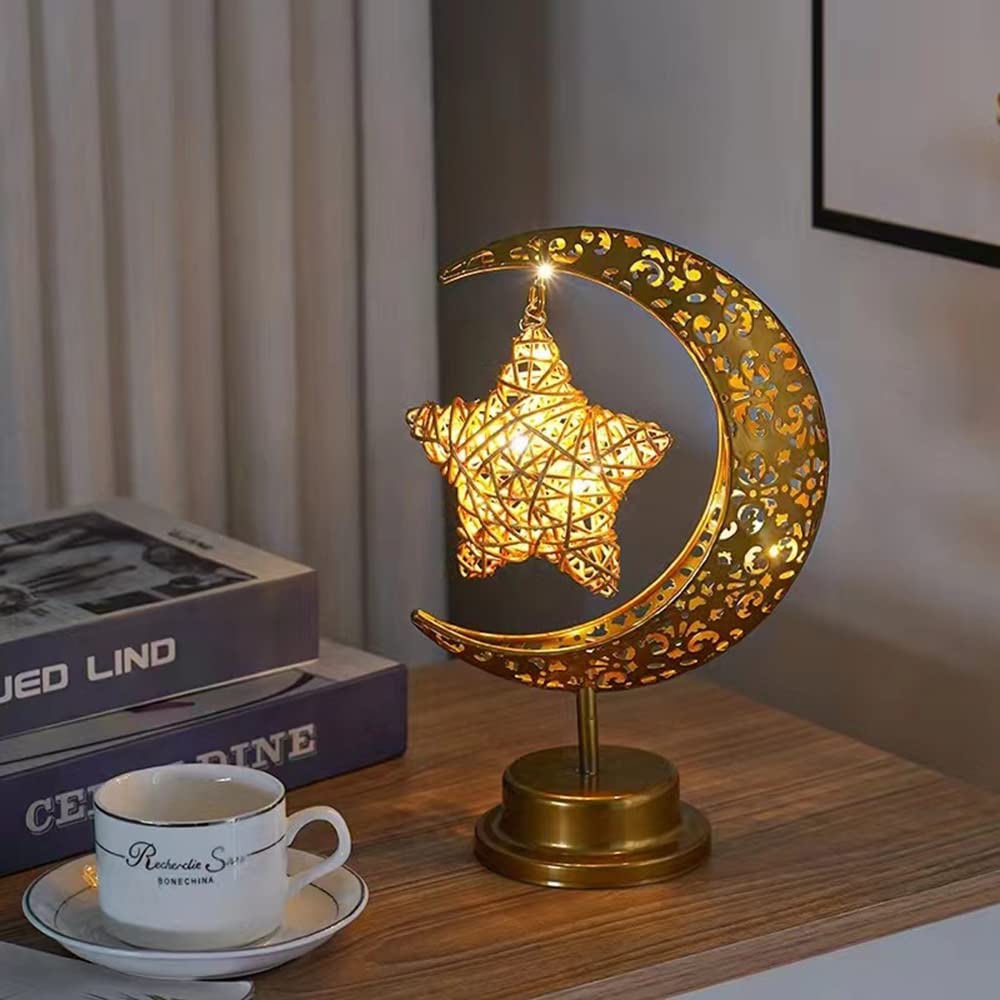Guocheng Enchanted Lunar Lamp Moon Shaped Table Lamps, Led Crescent Night Light Magic Hanging Moon Lamp Decor, Home Bedroom Bedside Desktop Nightstand Decorative (Rattan Star)