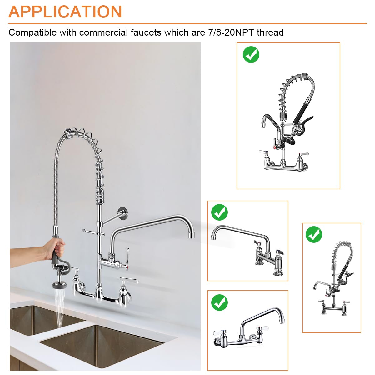 Abboraunt Spray Valve With Pre Rinse Hose 60" Flexible Stainless Steel Commercial Hose With 1.42 Gpm High Pressure Sprayer, Replacement Kit For Commercial Kitchen Sink Faucet, Grey