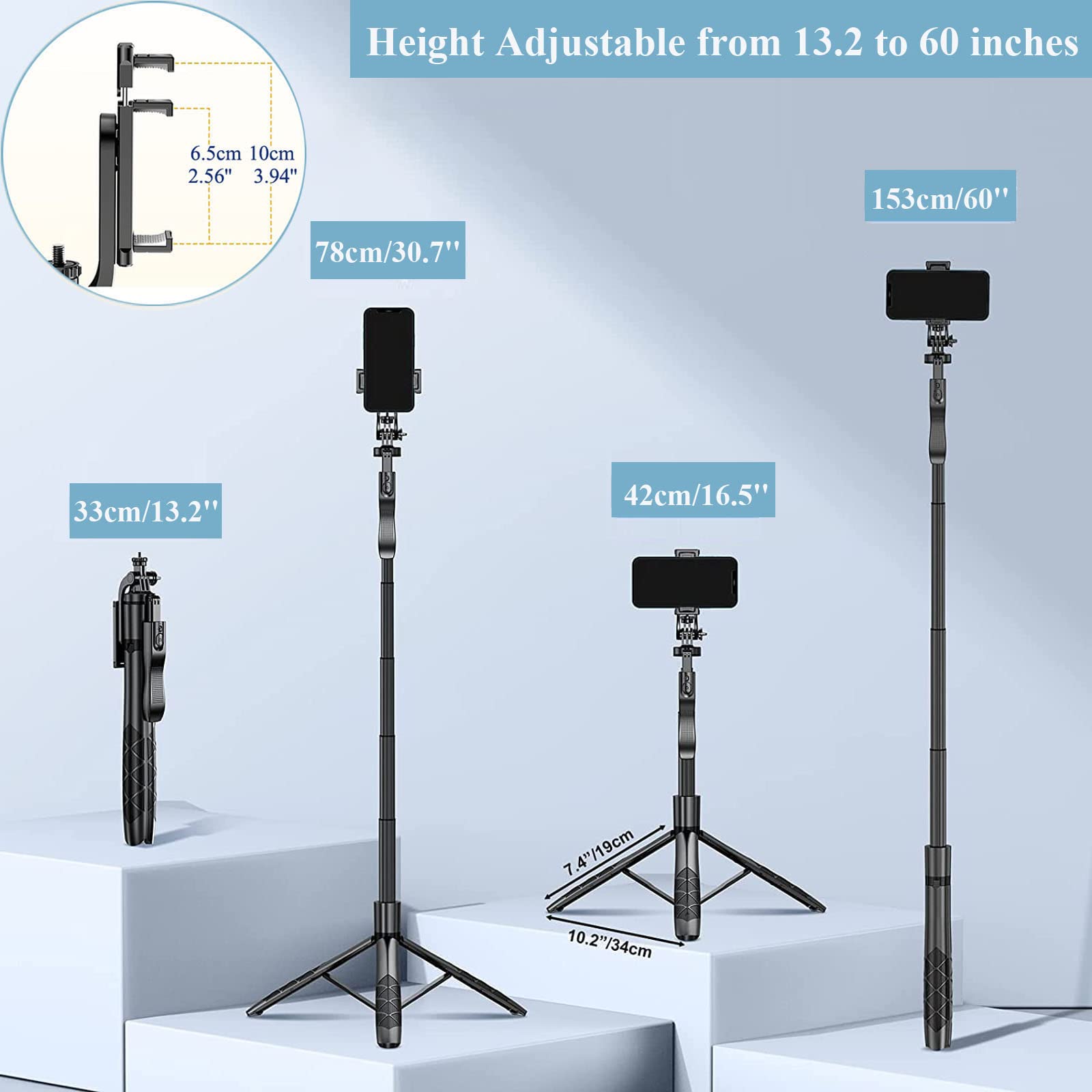 Cevoqin Selfie Stick For Iphone 60" Selfie Stick Tripod With Remote/Travel Tripod For Iphone/Selfie Stick With Phone Stand, Portable&Lightweight Aluminum Cell Phone Stand Small Tripod For Camera,Light,Webcam