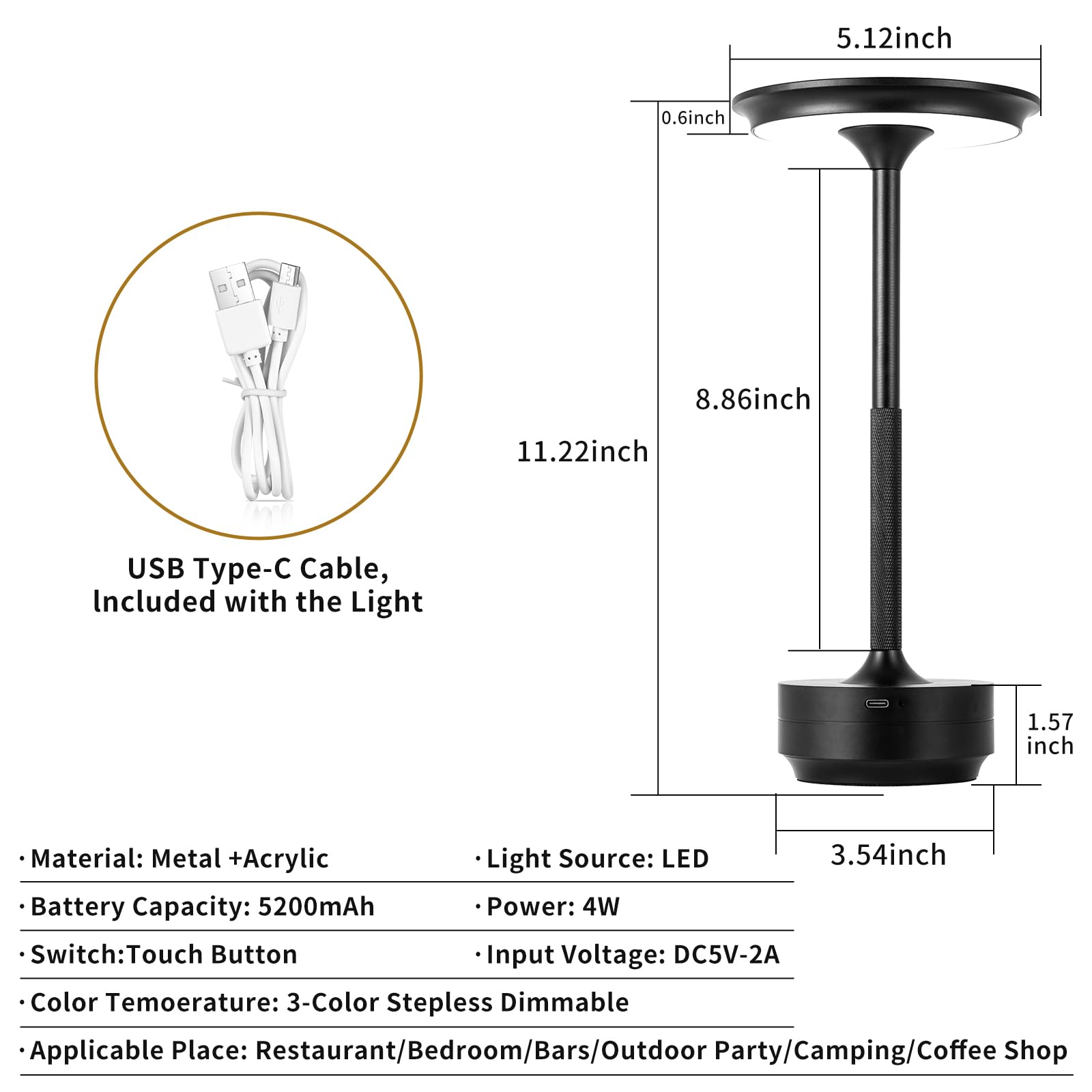 Baishezhuan Rechargeable Cordless Led Table Lamps Touch Sensor Light, 3-Levels Portable Dimming Wireless Battery Operated Lamp，Nightstand Lamp/Night Light/Restaurant Table/Outdoor/Coffee/Bar (Black)