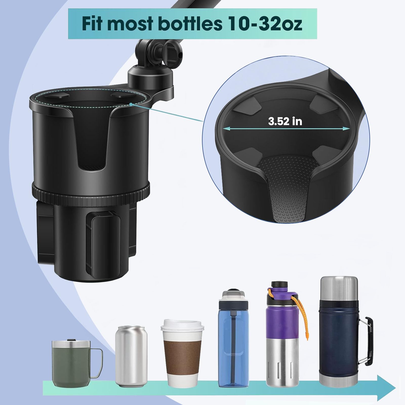 Easkkty Car Cup Holder Expander Phone Holder With Adjustable Arm And Base, 2 In 1 Phone Mount And Cupholder Adapter With Expandable Base For Most Large Drink Bottle And Fit All 4-7'' Smartphones