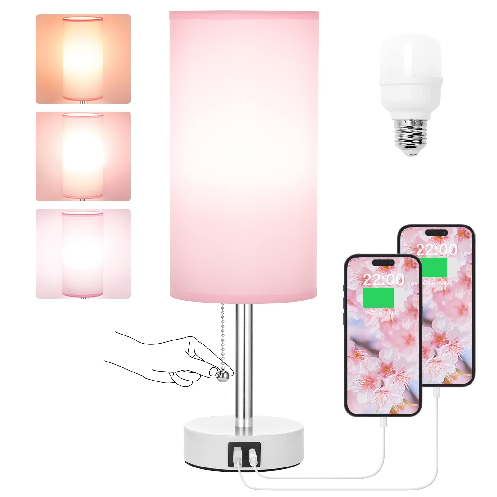 Hong-In Pink Bedside Lamp - 3 Color Modes, Small Lamp With Usb-C And Usb-A Charging Ports, Pull Chain, Nightstand Light For Bedroom, Office, Kids Room (Bulb Included)