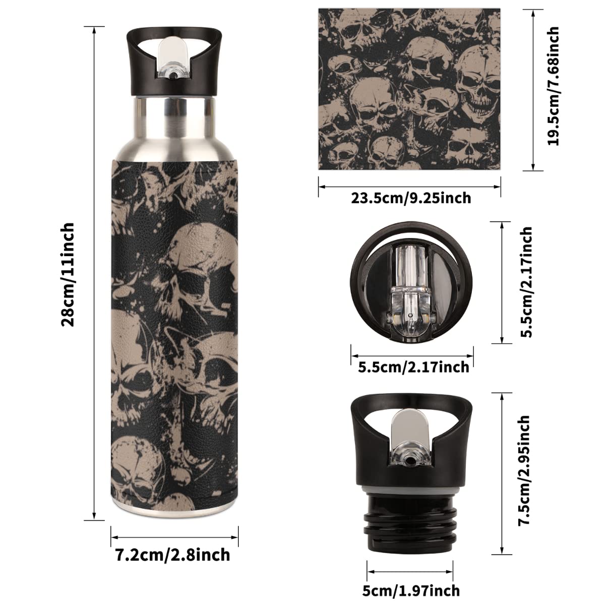 Insulated Stainless Steel Water Bottle With Straw 20Oz Retro Vintage Skull Skeleton Gothic Sports