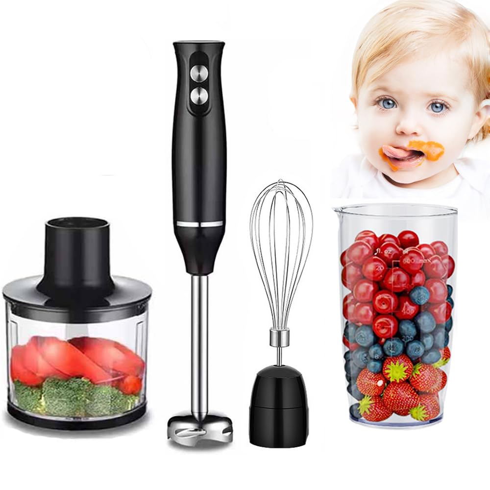 Vovewan 4 In1 Immersion Blender Handheld 304 Stainless Steel Blades, 5 Speed & 3-Angle Adjustable Chopper Beaker Whisk And Beater For Milkshakes Smoothies Soup Baby Food