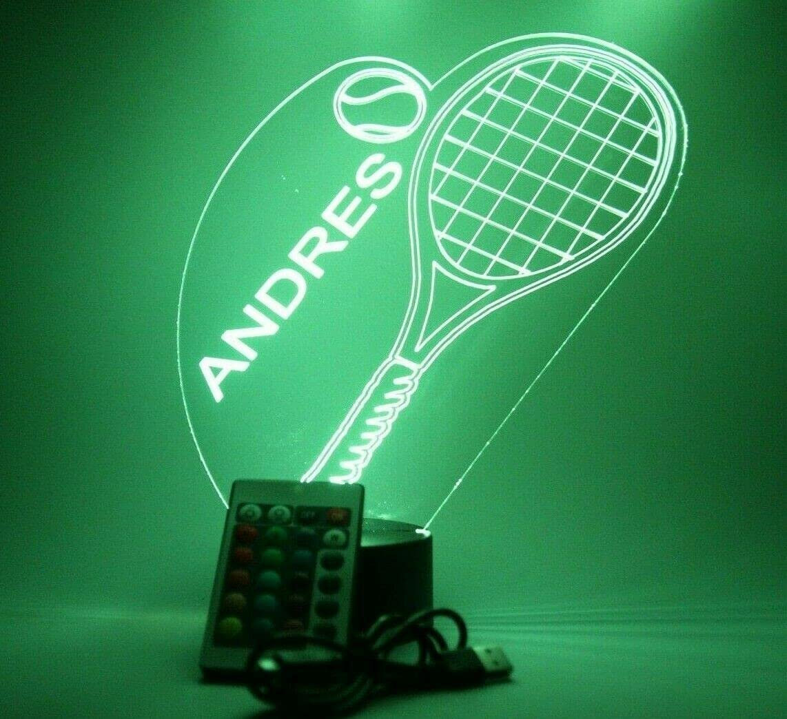 Mirror Mania Tennis Racket Racquets And Ball Court Sports Player Night Light Up Table Lamp Led Engraved Custom Name Personalized With Remote, 16 Color Options, Dimmer, It'S Wow, Great