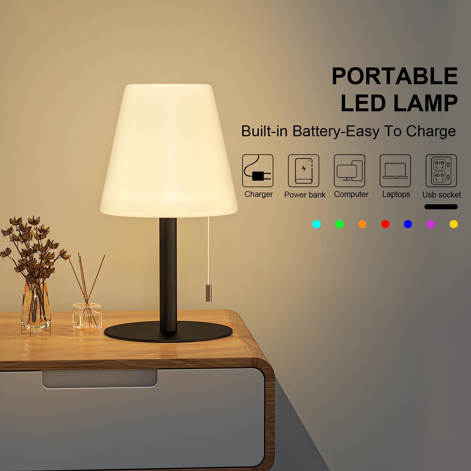 Goodfoever Outdoor Table Lamp/Portable Led Cordless Lamp/Rechargeable Battery Lamp/ 2- Level Brightness/2 Lighting Modes/Ip44 Waterproof/Metal Light Post And Base/Pe Shade /Bedroom Dinning Camping Patio Shower