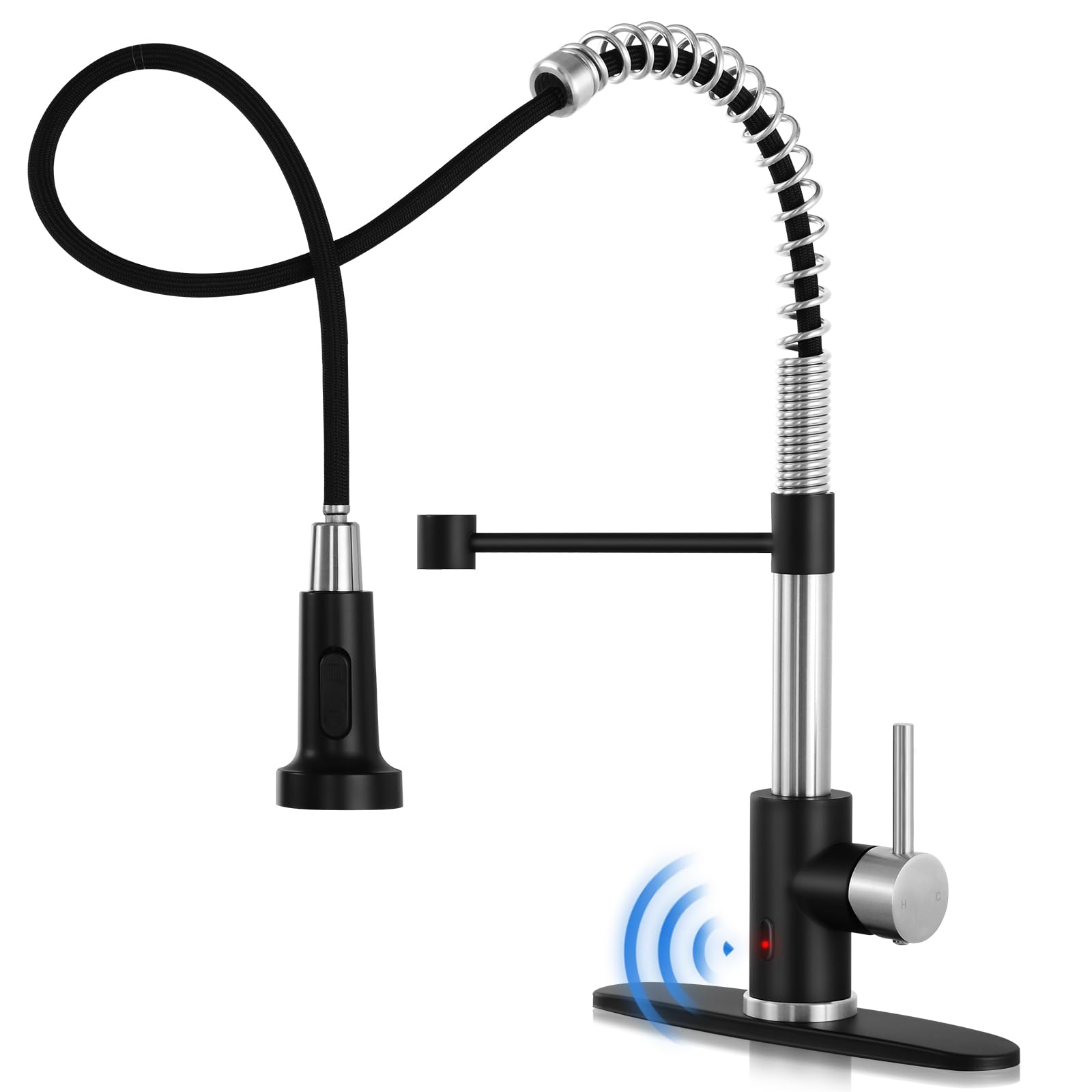 Djs Kitchen Faucets With Pull Down Sprayer Matte Black & Brushed Nickel -【Touchless】 Single Handle 1 Or 3 Holes Spring Kitchen Sink Faucet With Deck Plate For Farmhouse Rv Vessel Basin
