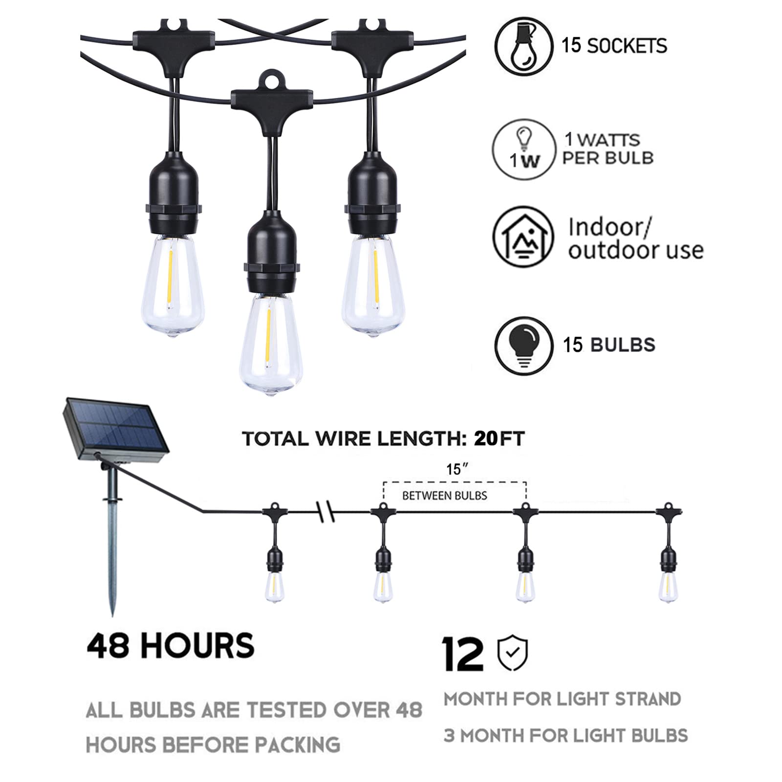 Afirst Solar Outdoor String Lights 24Ft With 15 Led Bulbs 2700K Weatherproof Satterproof Patio Lights For Garden Backyard Umbrella Lighting