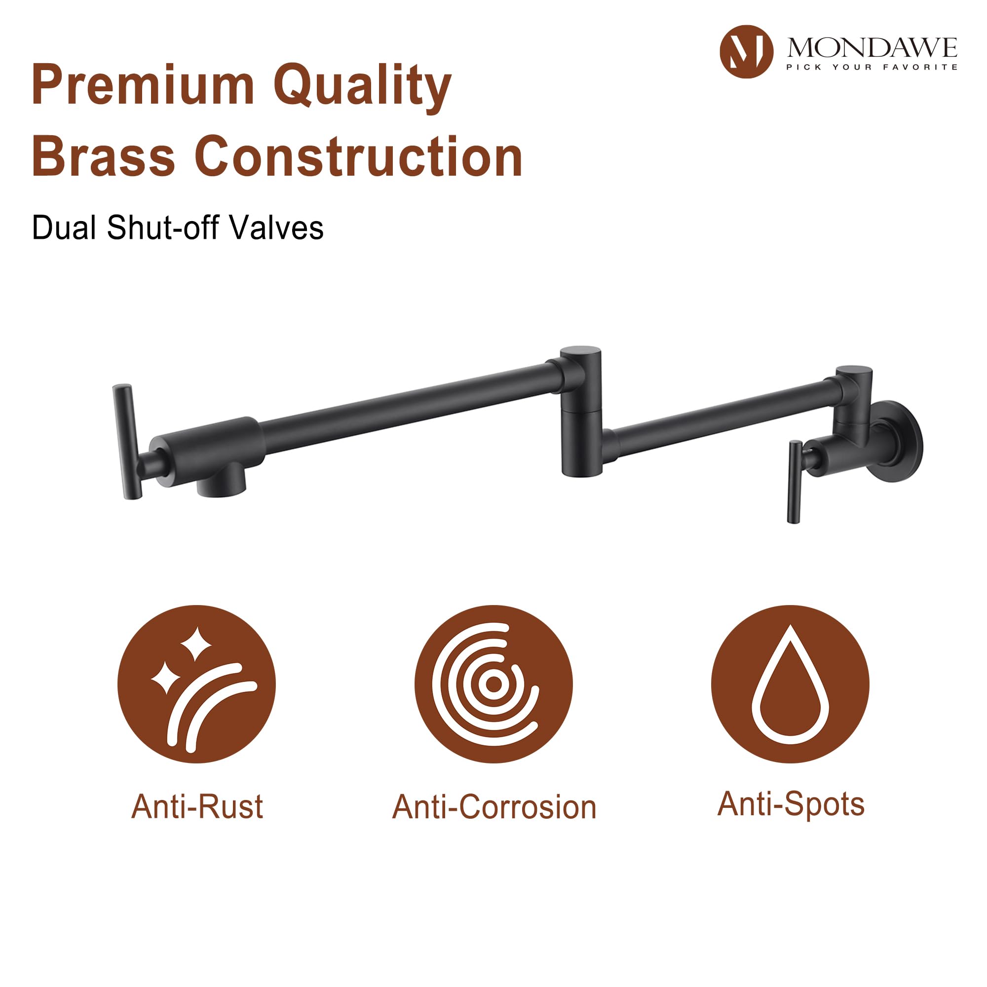 Mondawe Pot Filler Faucet Wall Mount Kitchen Sink Faucet Stove Pot Filling Faucet With Double Joint Swing Arms Folding Faucet, Solid Brass Material, Lead-, Single Hole, Matte Black