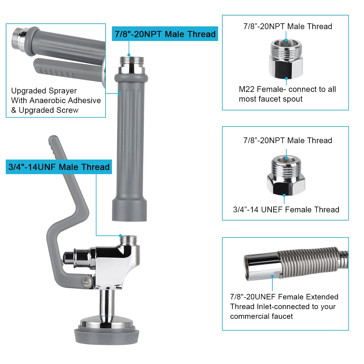 Abboraunt Pre-Rinse Hose With Spray Valve 60 Inch Flexible Stainless Hose Pre Rinse Sprayer Nozzle Head Replacement Kit For Industrial Restaurant Commercial Kitchen Faucets