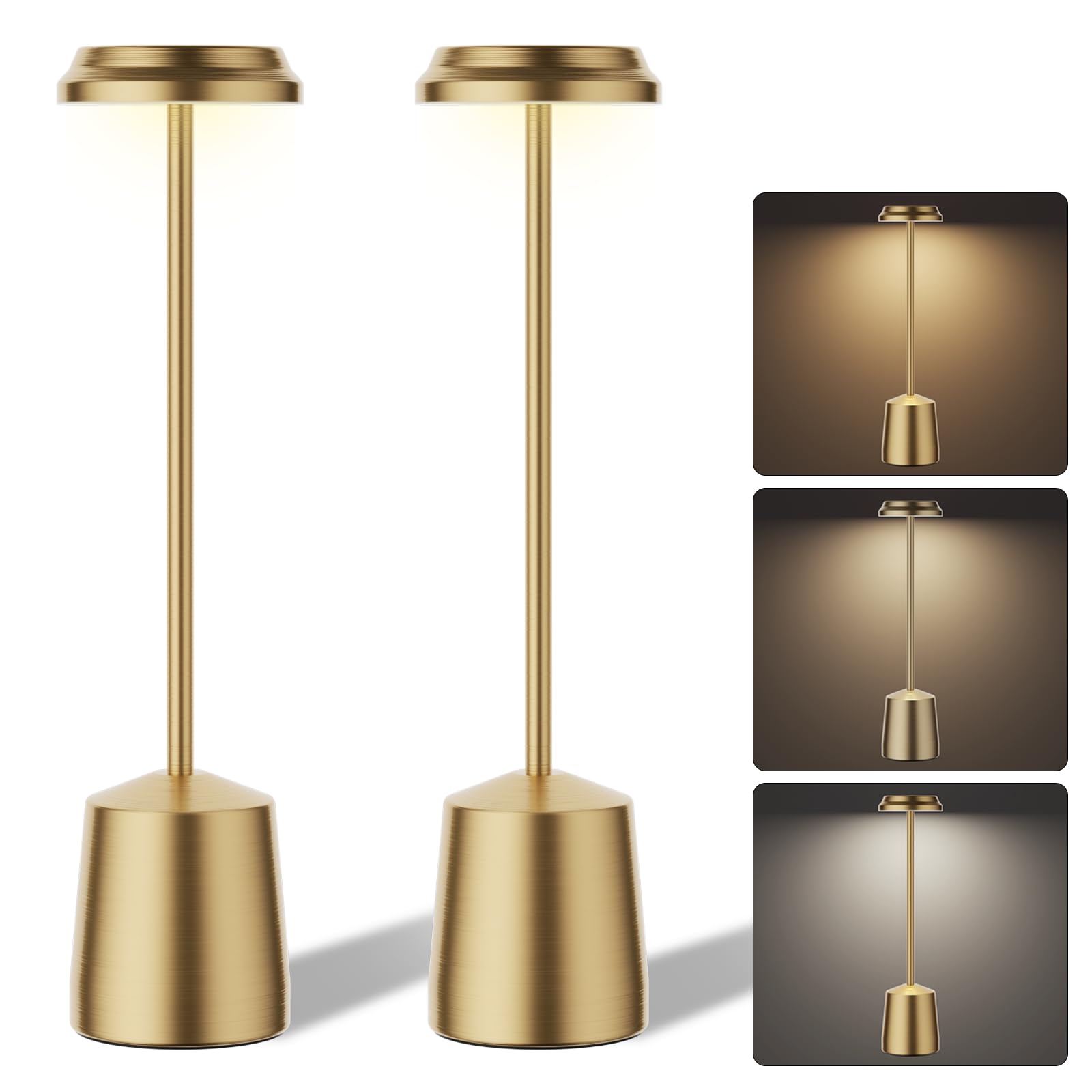 Ogacfo Aluminum Led Cordless Gold Table Lamps Set Of 2, Portable Rechargeable 5000Mah Battery Operated Table Light, 3 Color Stepless Dimming Touch Control, Desk Lamp For Dinner/Restaurant/Bars/Coffee Shop
