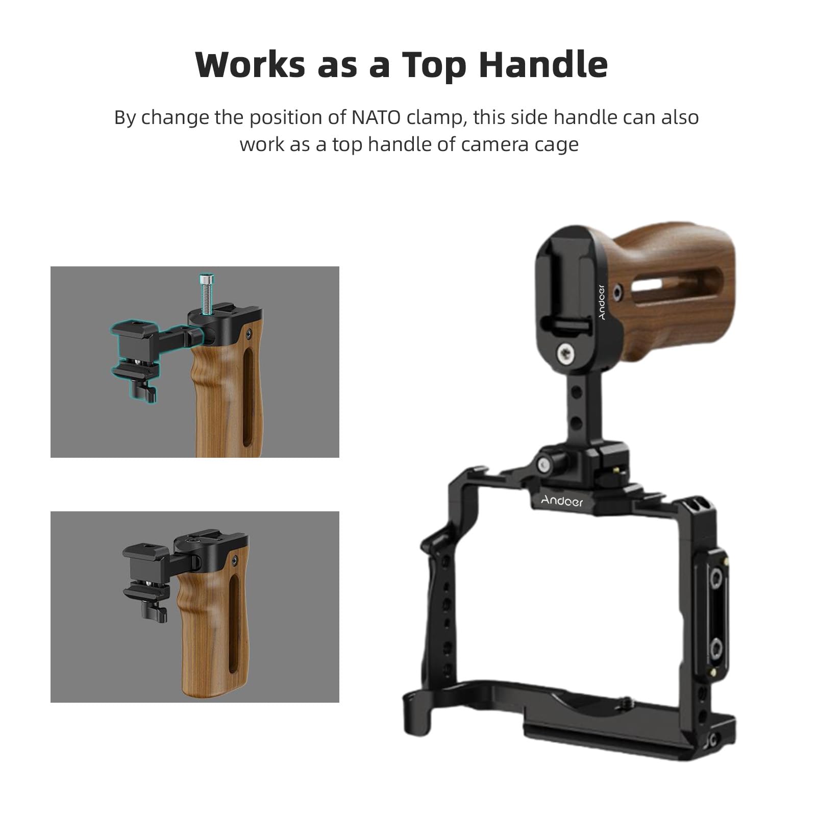 Camnoon Universal Top/Side Handle For Camera Cage Left/Right Side Handgrip With Nato Clamp Cold Shoe Mount Up & Down Adjustable, 2 Pack
