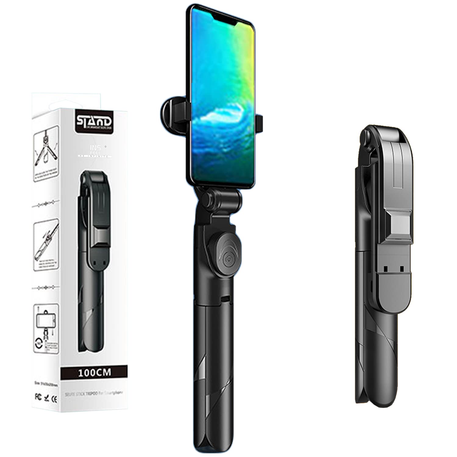 Insfeel Selfie Stick Tripod With Remote - Portable Bluetooth Travel Cell Phone Stand Compatible For Iphone 14/13/12/11 Pro/Xs Max/Xs/Xr/X/8/7, Samsung Galaxy, Android Smartphone (S-Black)