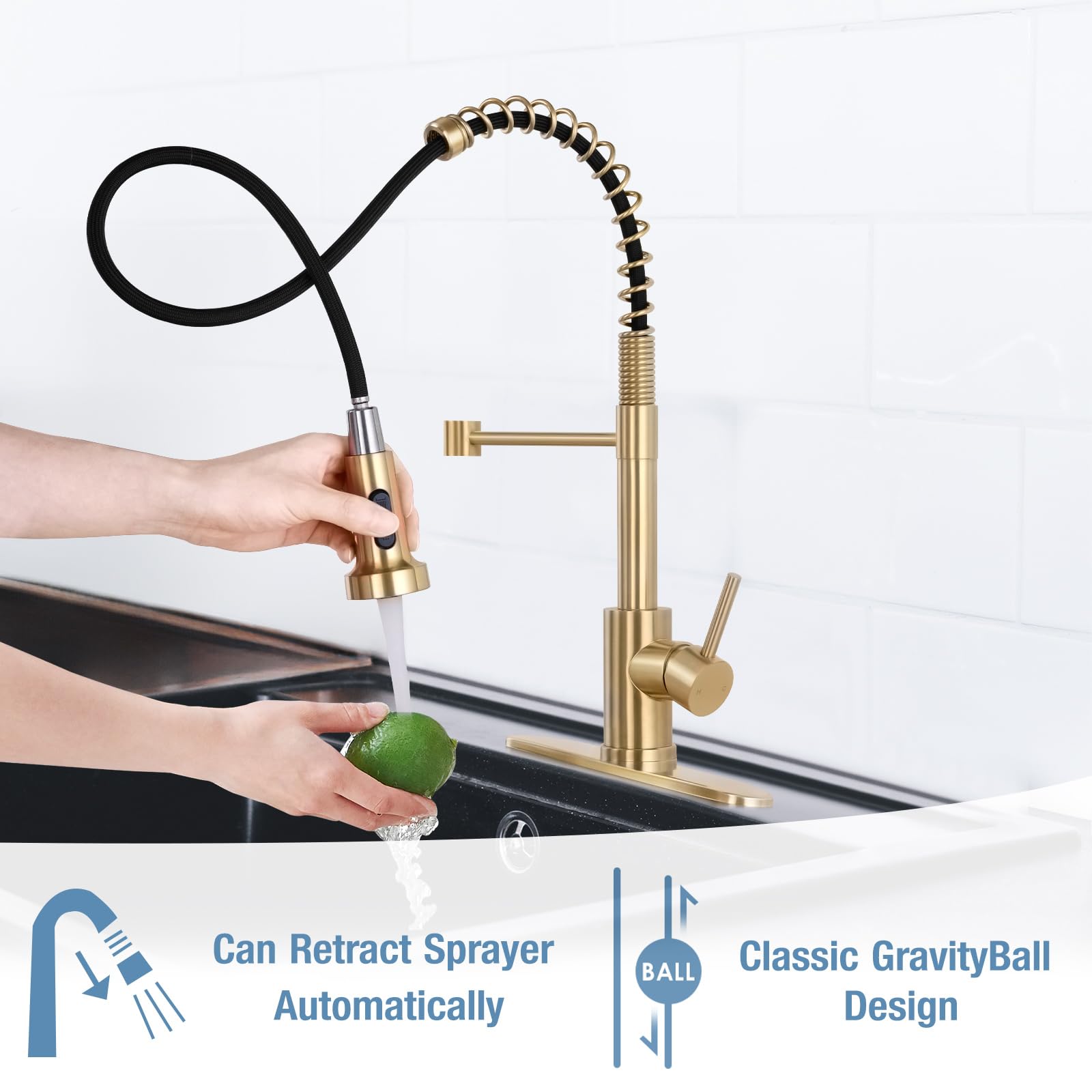 Djs Kitchen Faucets With Pull Down Sprayer Brushed Gold -Single Handle 1 Or 3 Holes Spring Kitchen Sink Faucet With Deck Plate For Farmhouse Rv Vessel Basin