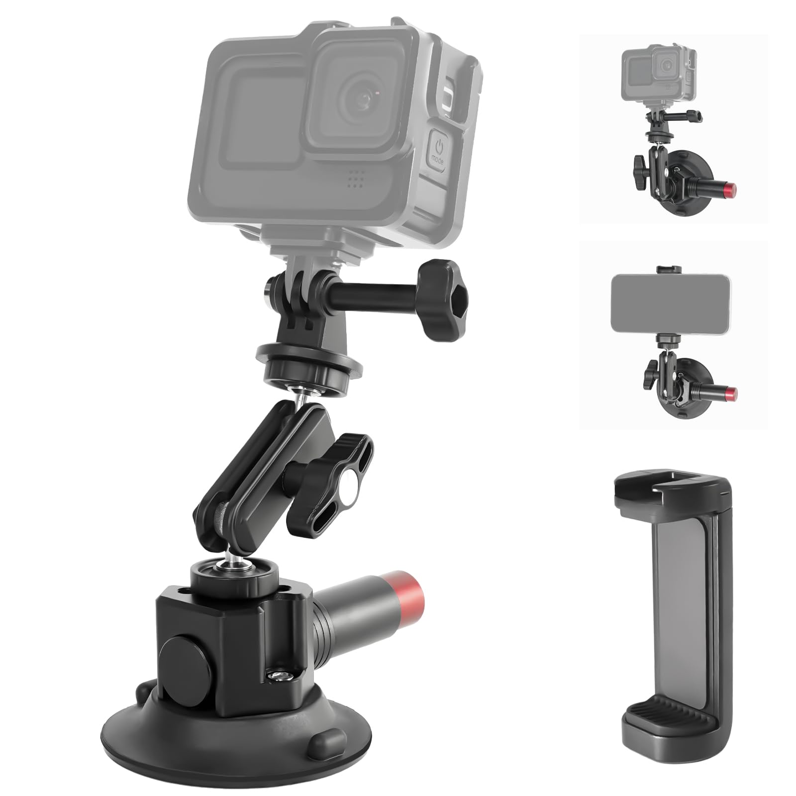 Fifield 3"/7.6Cm Camera Suction Cup Phone Mount With Ball Head Magic Arm, Quick Release Car Mount For Action Camera Phone Dji Insta360, Air Pump Vacuum Suction Cup, 1/4" &3/8" Arri Holes