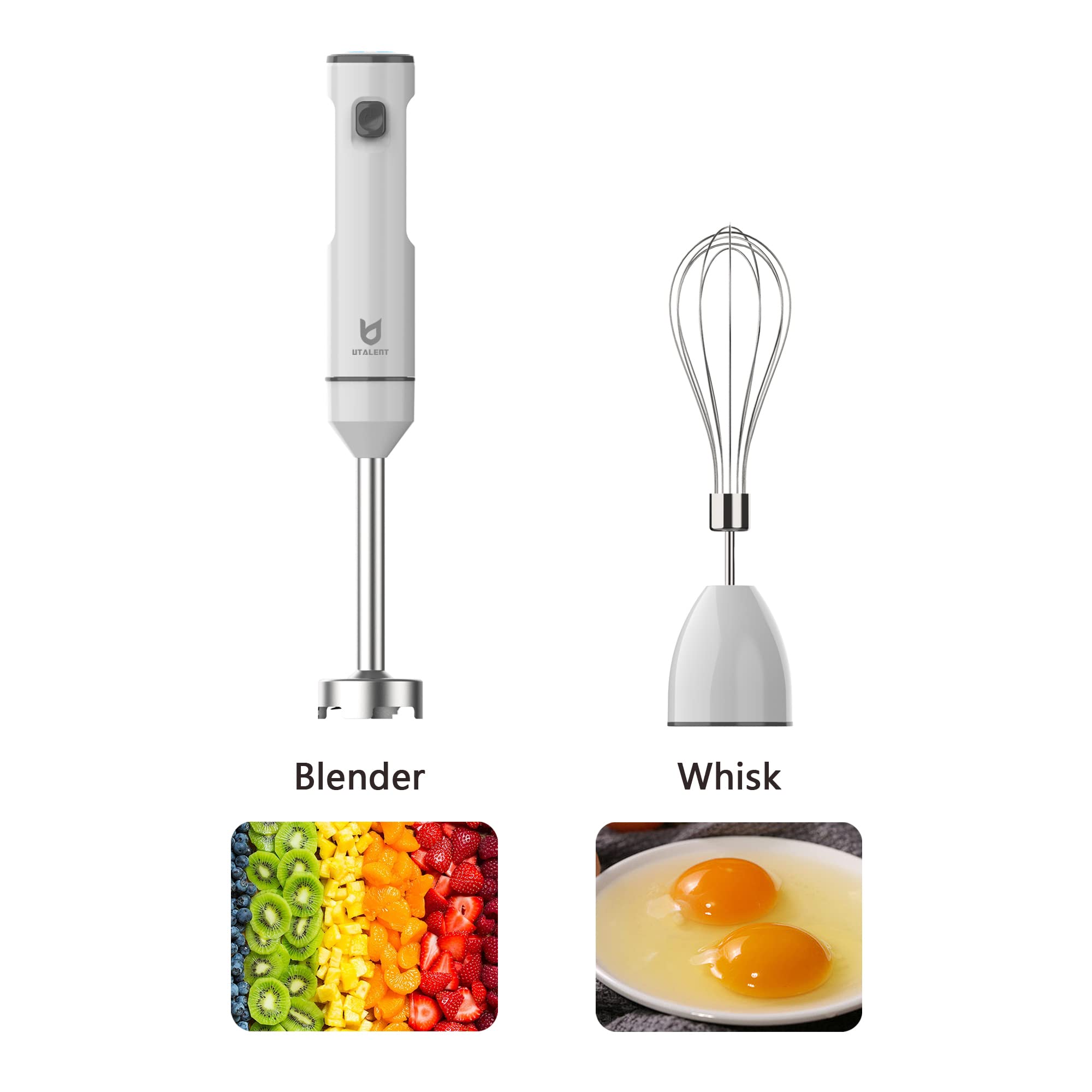 Utalent Cordless Hand Blender, Variable Speed Immersion Blender Handheld Rechargeable, With Usb-C Charging Cable, Egg Whisk, For Smoothies, Milkshakes, Hummus And Soups – White