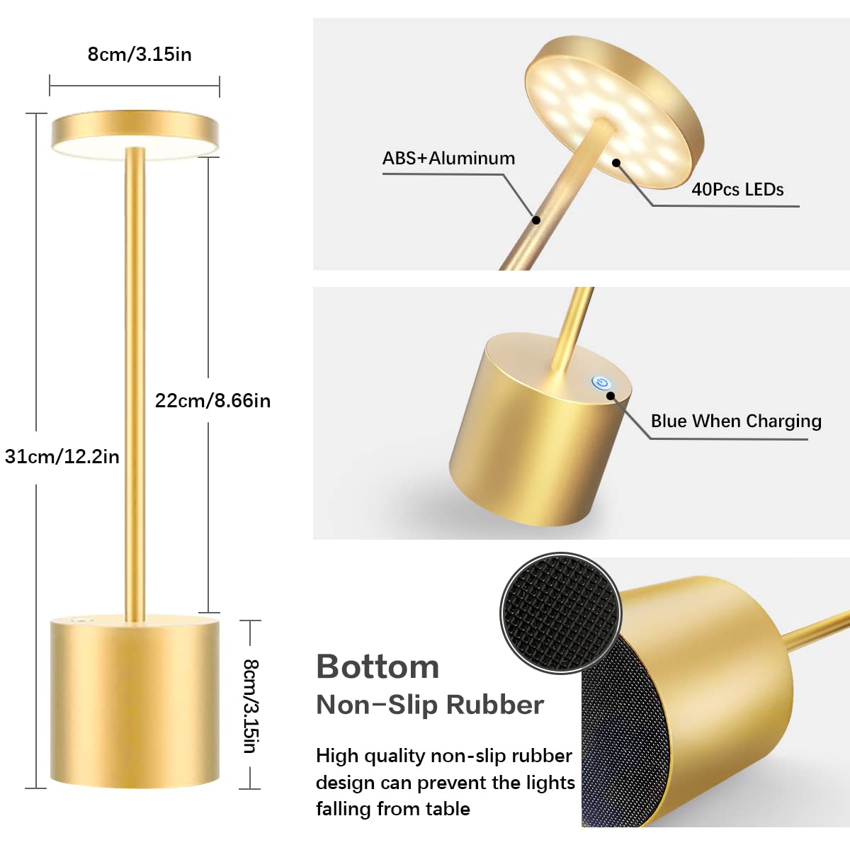 Hapfish Cordless Led Table Lamp Set Of 2, 5000Mah Rechargeable Battery Operated Desk Lamps,Dimmable Table Light For Outdoor/Indoor/Restaurant/Dining/Office(Gold)