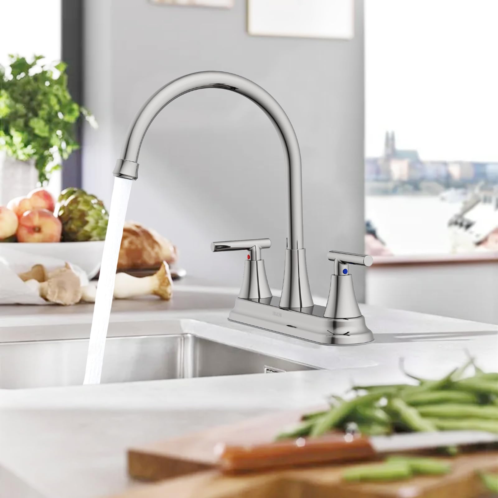 Hurran 2 Handle Kitchen Sink Faucet, 8 Inch High Arc 360°Swivel Kitchen Sink Faucet, 2 Or 3 Hole Kitchen Faucet Without Side Sprayer, Centerset Rv Kitchen Faucet With Stainless Steel Pipe, Nickel
