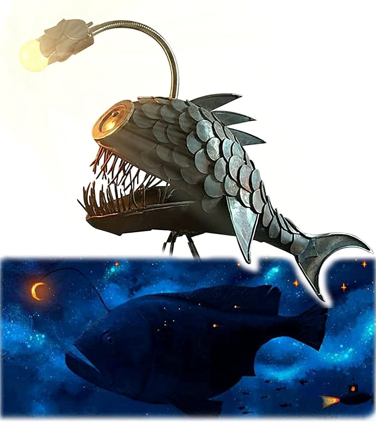 Cafele Rustic Usb Angler Fish Lamp, Shark Lamp Steampunk Style Table Lamp, Simulation Flame Led Bulbs Lights, Handmade Night Lights, Book Lights, Industrial Creative Decor For Home/Office (Medium)