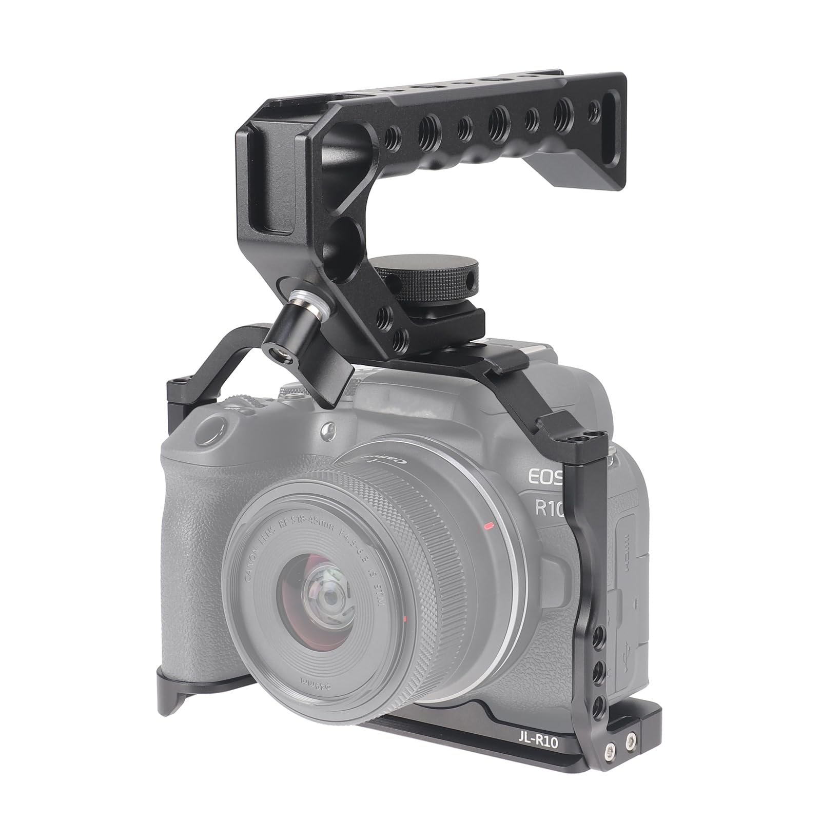 Focusfoto Camera Cage With Top Handle Grip Kit For Canon Eos R10 Mirrorless Camera, Aluminium Video Rig With Nato Rail, Cold Shoe, 1/4" & 3/8" Screw Mouting, Quick Release Plate For Arca Swiss Tripod