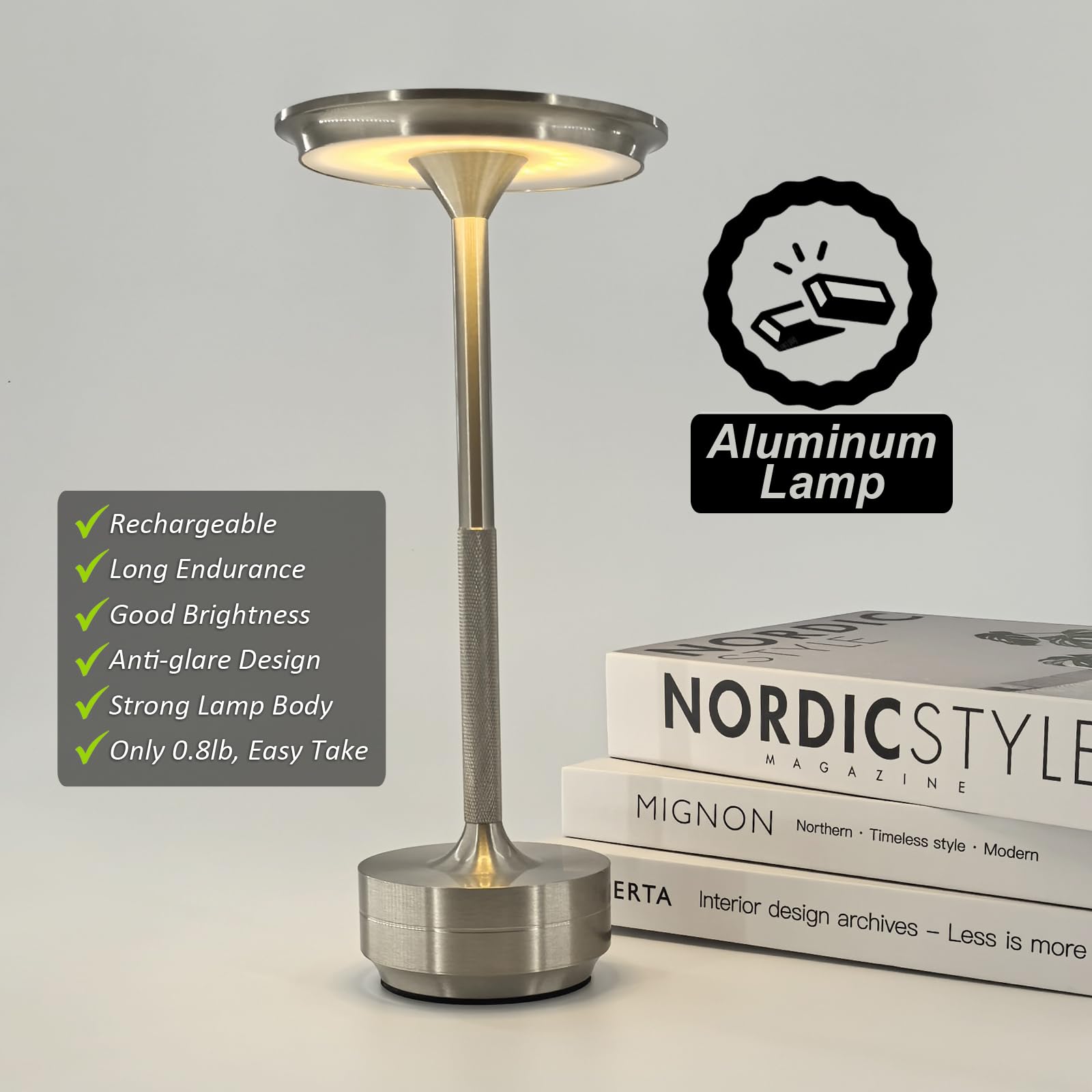 Reddragon Lighting Dimmable Brushed Nickel Silver Cordless Table Lamp Rechargeable, Portable Small Mushroom Battery Table Light Usb Bedside Desk Lamp For Dinning Room, Living Room, Bedroom, Outdoor Patio (Silver)