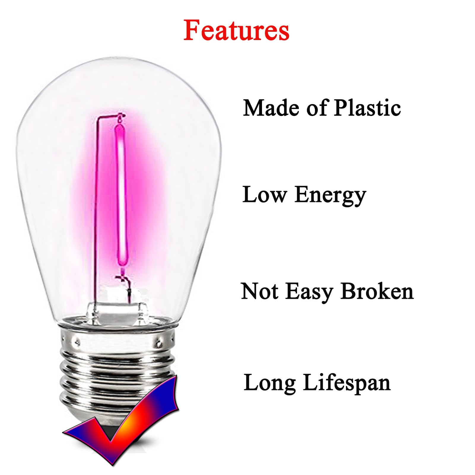 Lrsueyskin S14 Pink Replacement Bulbs 1W Plastic Shatterproof Filament Bulb Decorative Led String Light Bulbs Indoor Outdoor Replacement Bulb Pink Color Light Bulb E26 Base For Bar Home Garden Yard,15 Pack