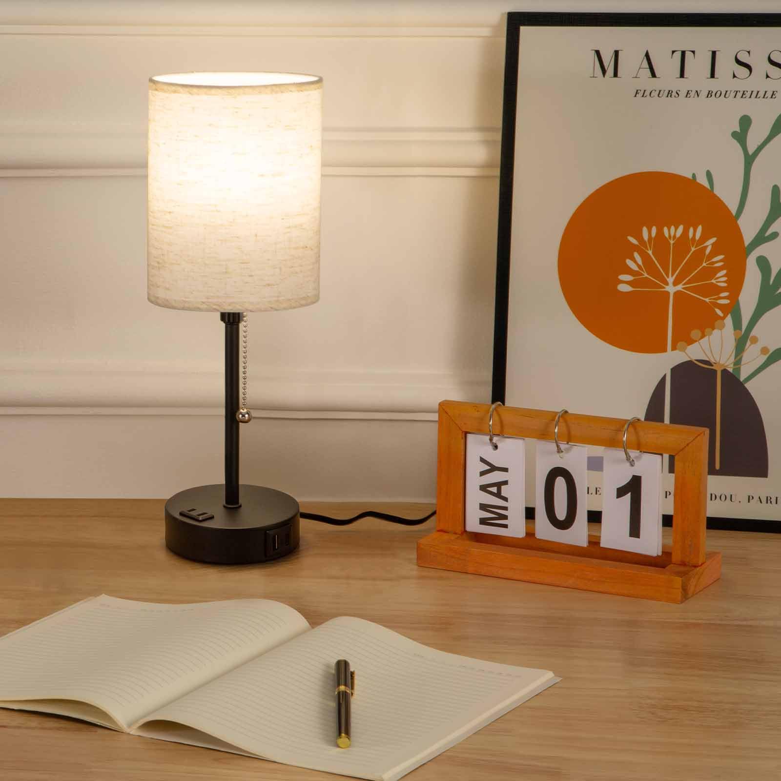 Mituo Small Bedside Lamp With Usb/Usb-C Port & Ac Outlet, Modern Black Table Lamp With Lampshades, 3-Color, Minimalist Led Nightstand Lamp With Charging For Bedroom/Living Room/Office/Dorm/Desk
