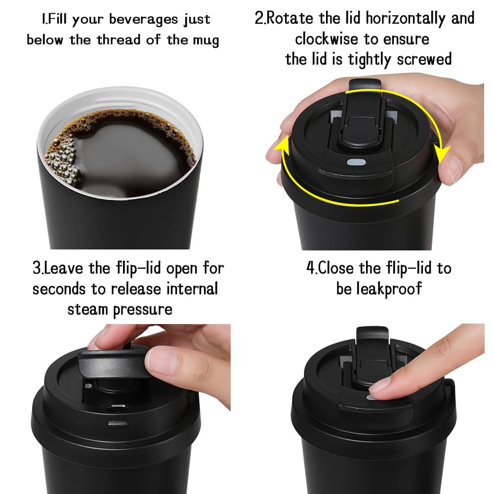 Funkrin Coffee Travel Mug With Straw & Flip Lid, 16Oz Insulated Tumbler Cup With Ceramic Coating