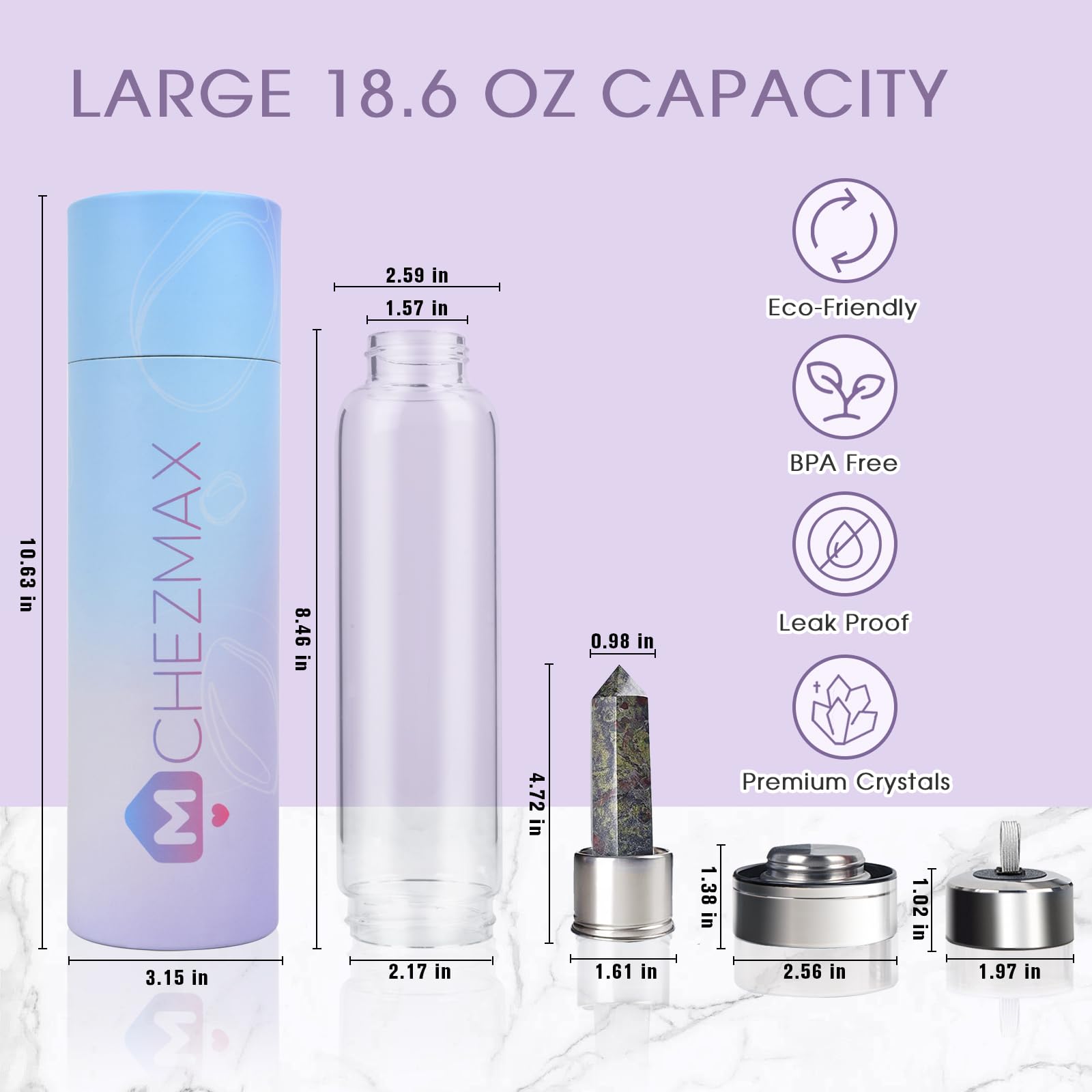 Chezmax Crystal Glass Water Bottle Energy Quartz Gemstone Water Bottle With Changeable Natural