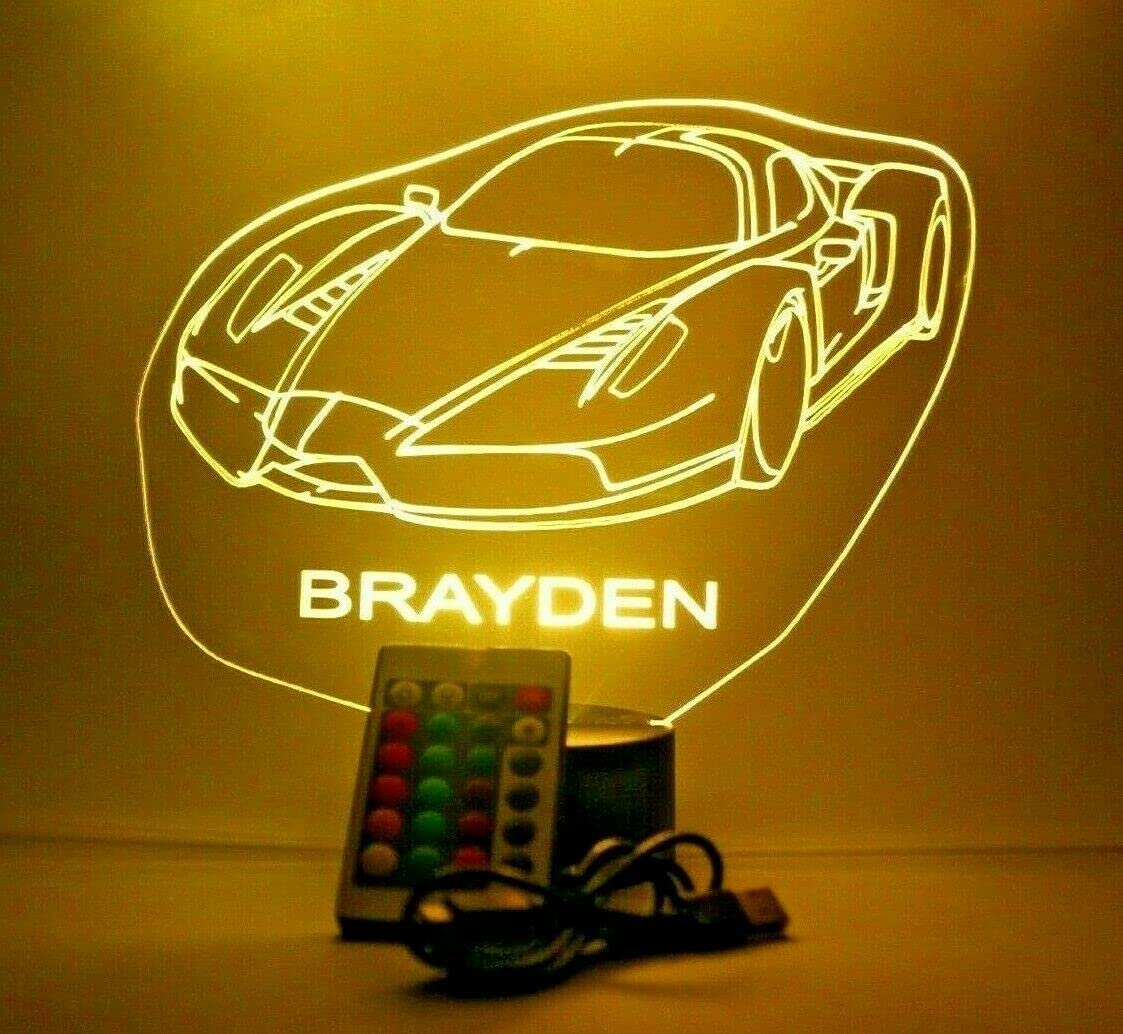 Mirror Mania Sports Race Car Night Light Up Led Personalized Name Engraved Fast Highly Exclusive Speed Racing Luxury Car Table Lamp 16 Color Changing Options With Remote Engraved, Great