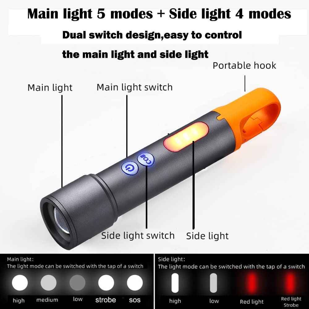 Poyoelf Zoomable Led Flashlight With Cob Sidelight With Hook,Rechargeable Edc Small Lantern Flashlight,Waterproof,Utility Portable Handheld Torch For Camping,Hiking,Emergency,Home Use(Black)