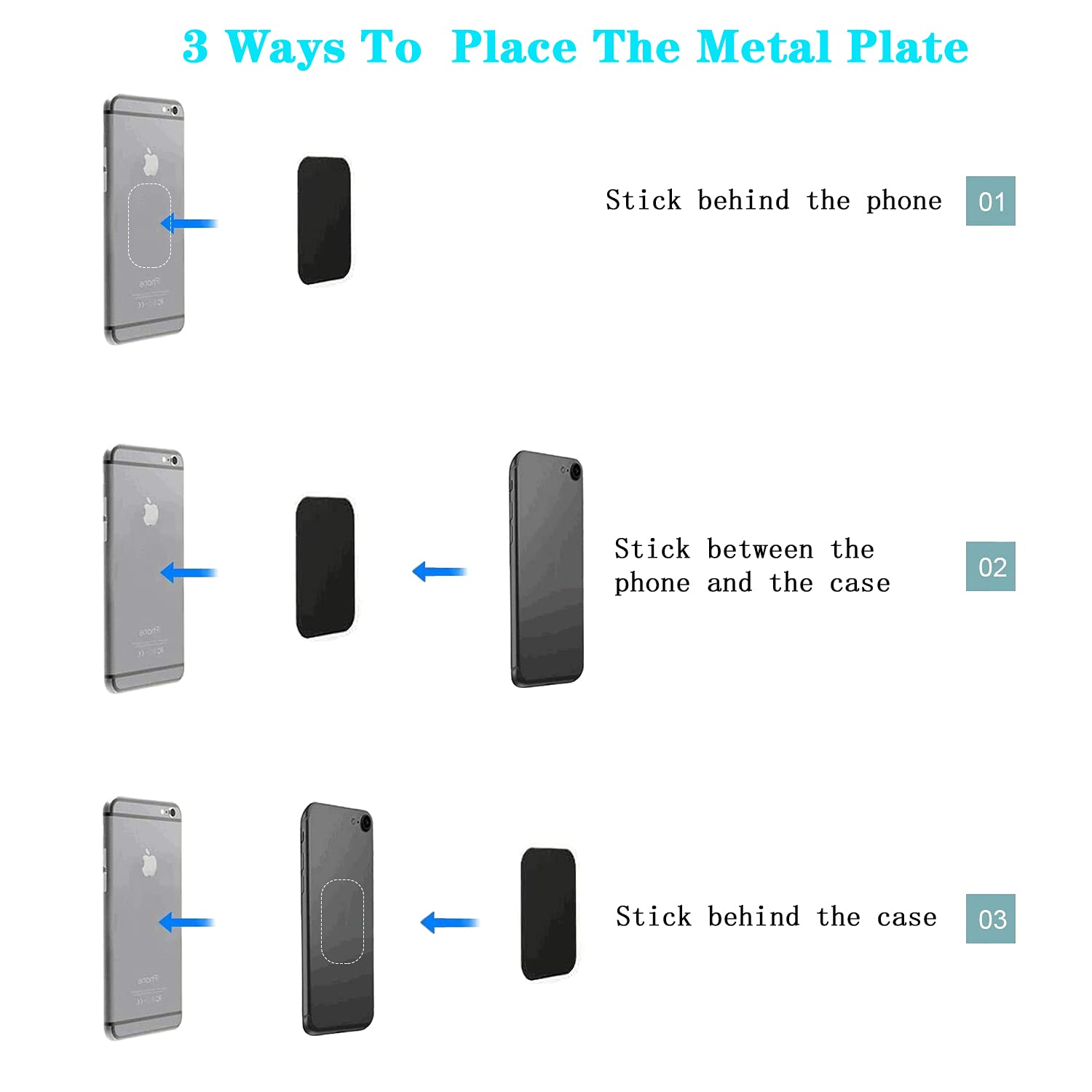 Pau1Hami1Ton Adhesive Thin Metal Plates(Compatible With Magnetic Mounts),8 Piece Metal Plates For Phone Case For Car.(4 Rectangle And 4 Round) S-07N(Black+Silver)
