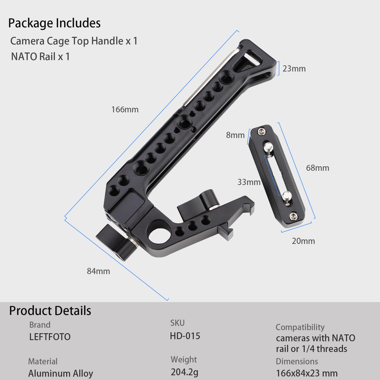 Leftfoto Camera Cage Top Handle Nato Rail Standard With 7Mm Nato Rail For Dlsr Camera Cage,Anti-Off And Quick Release Design.
