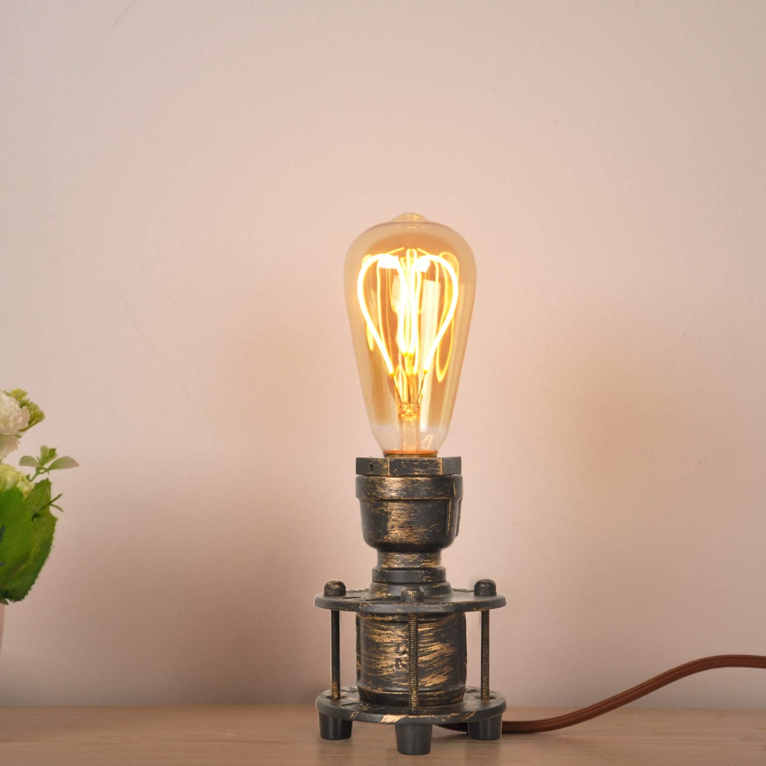 Junolux Vintage Industrial Table Lamp Base For E26 Edison Bulb, Steampunk Antique Accent Lights, Retro Desk Lamp Decoration Bedside For Living Room Bedroom Coffee House Bar (Brass)