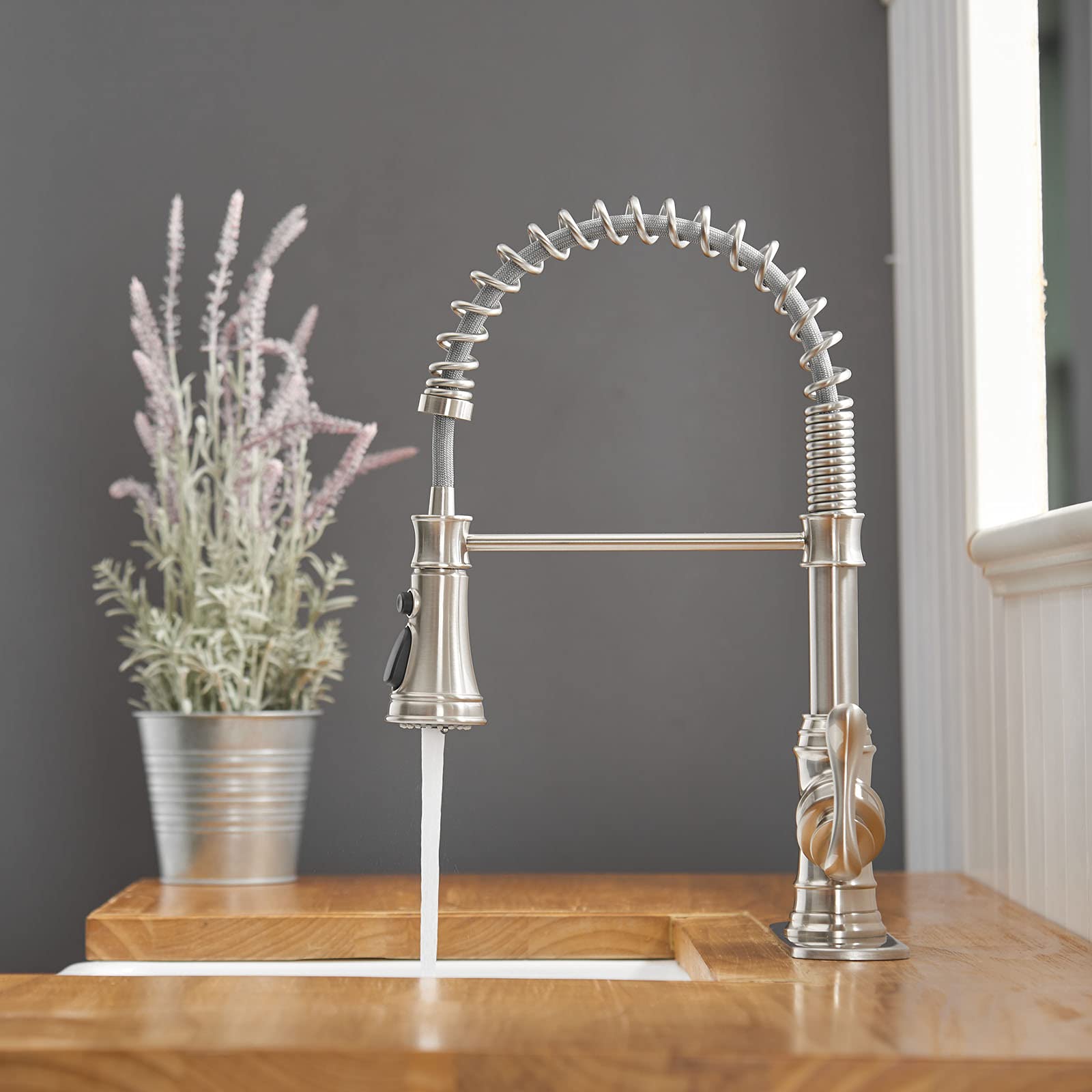 Bathfinesse Kitchen Faucet With Pull Down Sprayer, Brushed Nickel Finish, 360 Degree Swivel Nozzle, 3 Spray Modes, Easy Installation, Lead- Solid Brass Construction, 10 Inch Deck Plate