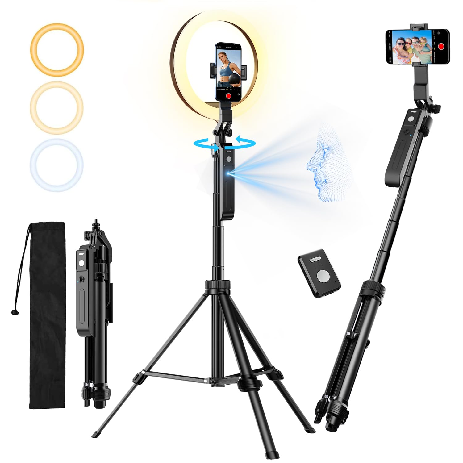 Yayusi Auto Face Tracking Tripod 360° Rotation With Stand, 10" Rgb Ring Light Phone Tripod & Selfie Stick With Remote And Gesture Control, No App, Built-In Tracking Camera For Video/Live Streaming