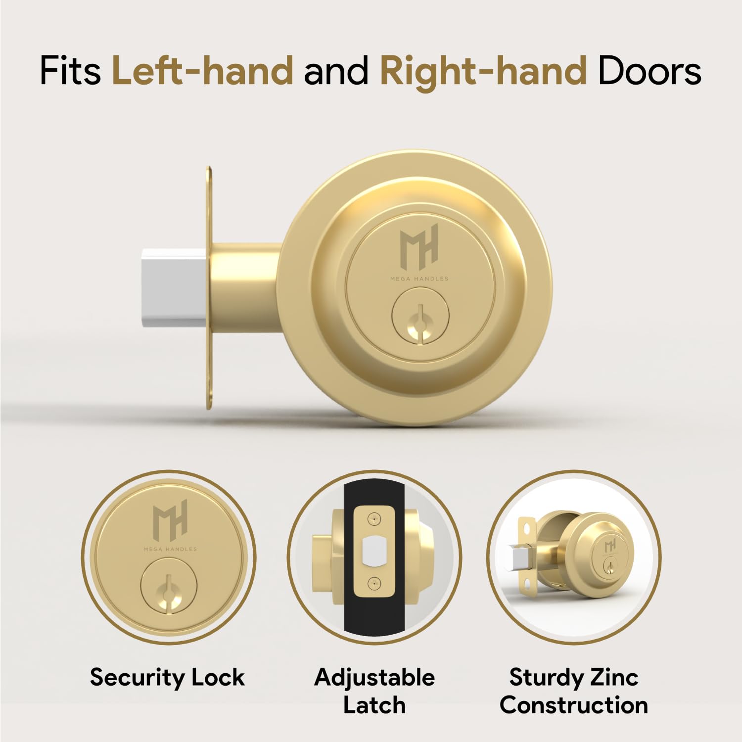Mega Handles - Buena Deadbolt I Entry Deadbolt Lock - Heavy Duty Round Locking Deadbolt For Left Or Right-Handed Doors - Interior/Exterior - Satin Brass