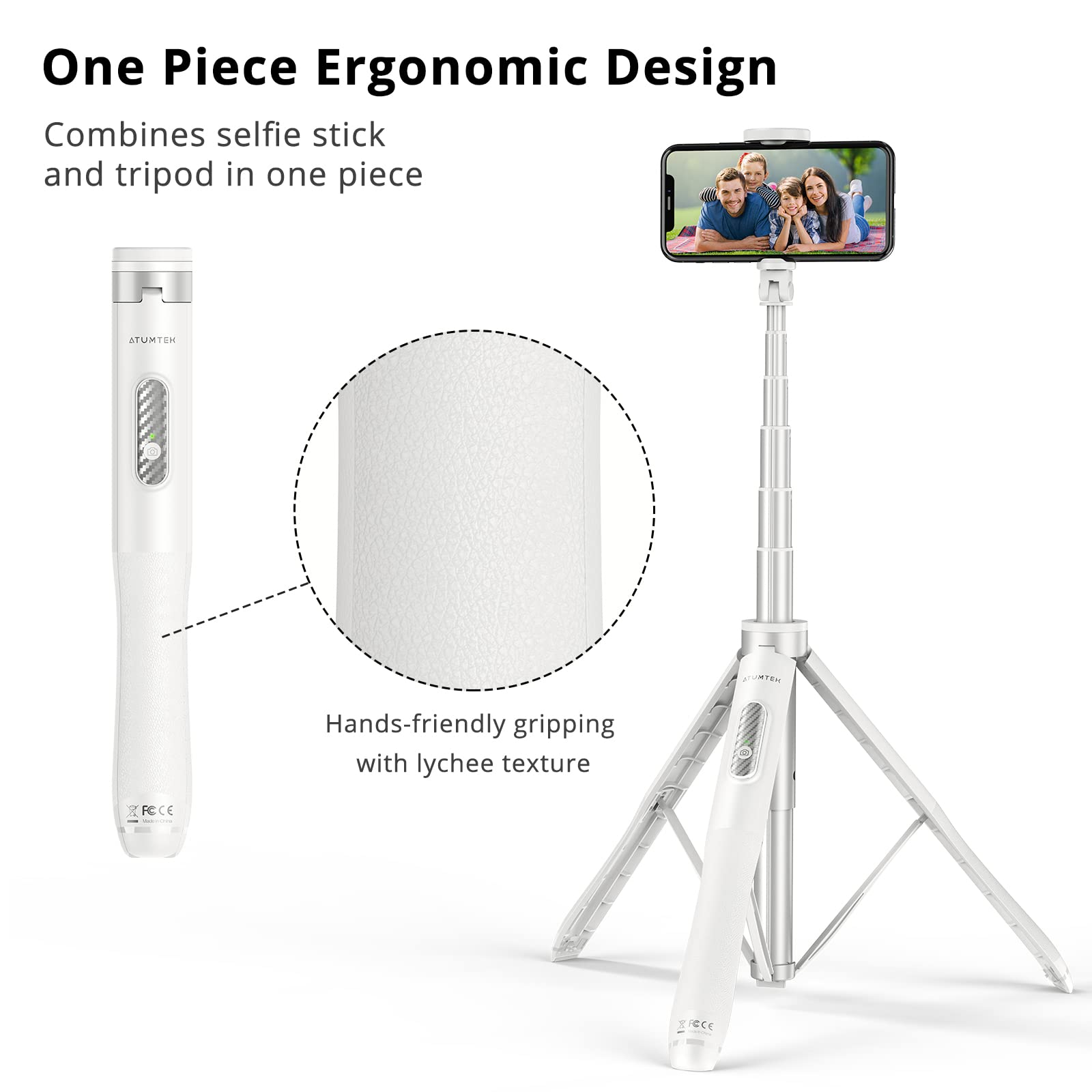Atumtek 51" Selfie Stick Tripod, All In One Extendable Phone Tripod Stand With Bluetooth Remote 360° Rotation For Iphone And Android Phone Selfies, Video Recording, Vlogging, Live Streaming, White