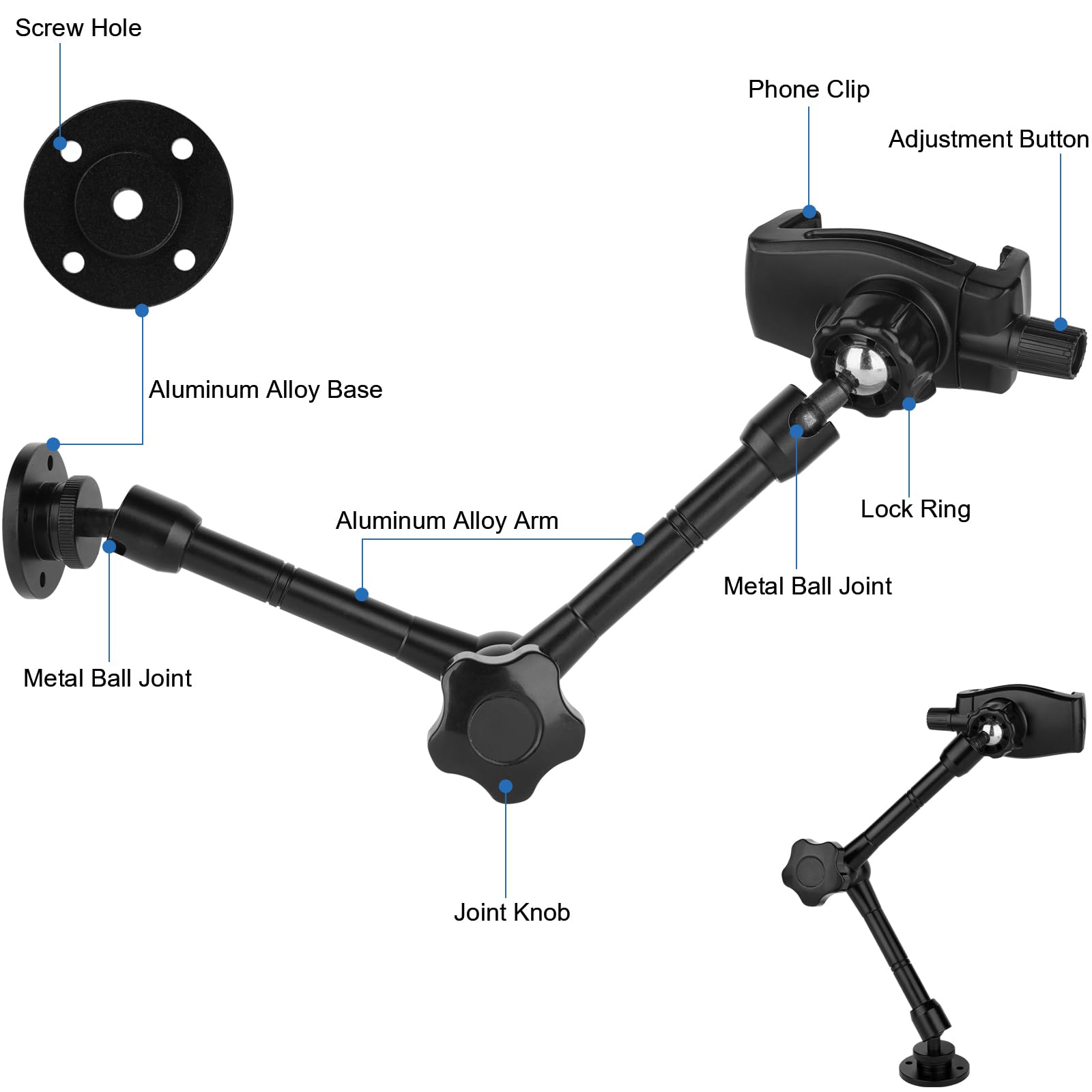 Mippko Wall Mount Phone Stand For Car/Desk/Boat/Desk/Vehicles Dashboard,360° Adjustable Aluminum Alloy Mount 10 Inch Arm Holder,Compatible With 3.57.5" Iphone/Htc/Lg/Huawei/Smartphones