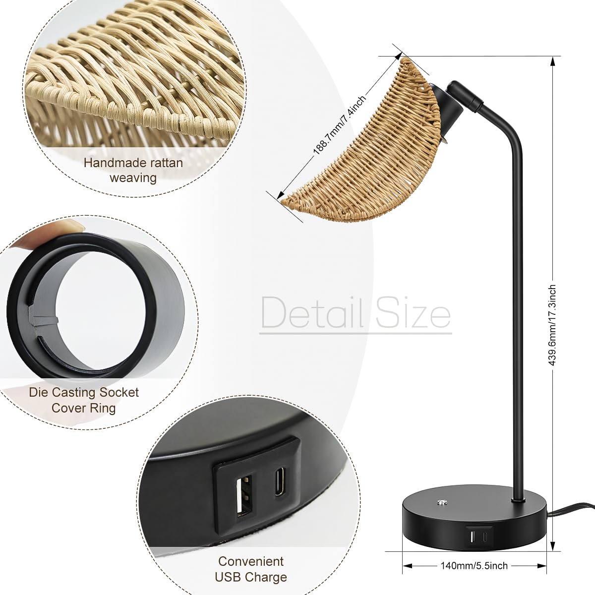 Maysnake Boho Table Lamp For Bedroom, Dimmable Touch Light, Vintage Metal Bedside Lamp Nightstand Reading Lamp With Rattan Shade For Farmhouse Living Room Home Office, Includes E26 Bulb & 2 Usb Ports