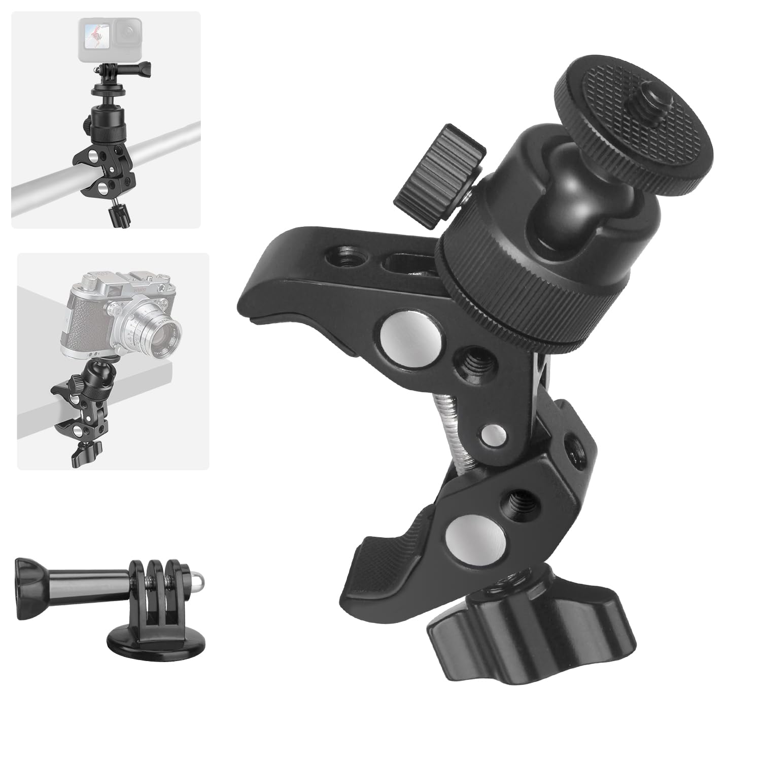 Jinsui Super Clamp Camera Mount With 360° Ball Head, Action Camera Adapter, 1/4"-3/8" Thread, 6.6 Lb/3 Kg Load-Bearing Motorcycle Bike Bicycle Pole Tube Tripod Desk Camera Mount For Light Insta360 Dslr