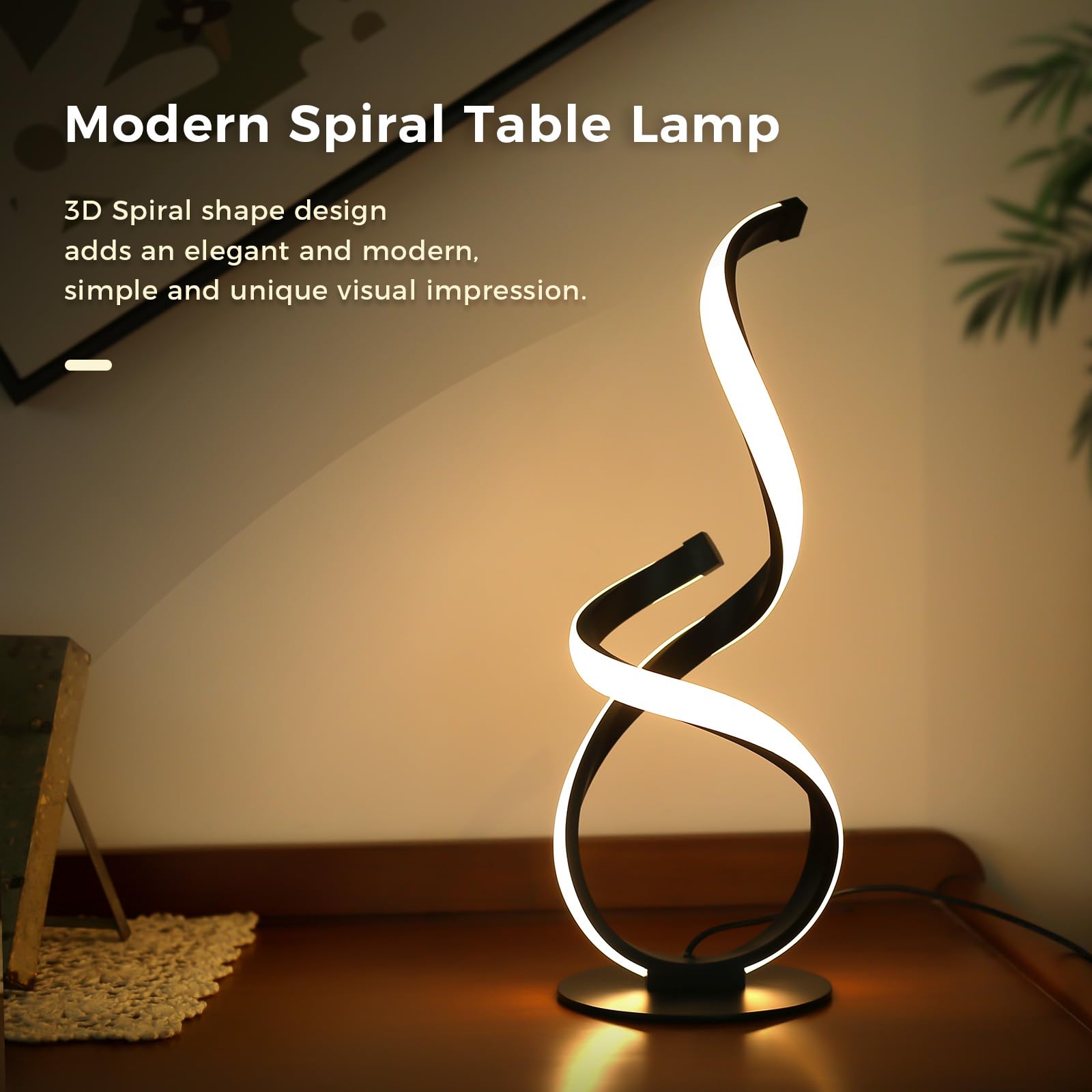 Jioodich. Modern Spiral Led Table Lamp, Touch Dimmable Desk Lamp, 3 Color Temperature, Black