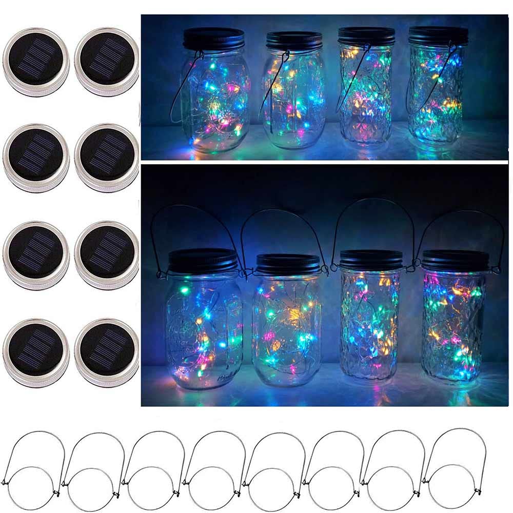 Cynzia Solar Mason Jar Lid Lights, 8 Pack 20 Led Waterproof Fairy Star Firefly String Lights With (8 Hangers Included,Jars Not Included), For Mason Jar Table Garden Wedding Party Decor (4 Colors)