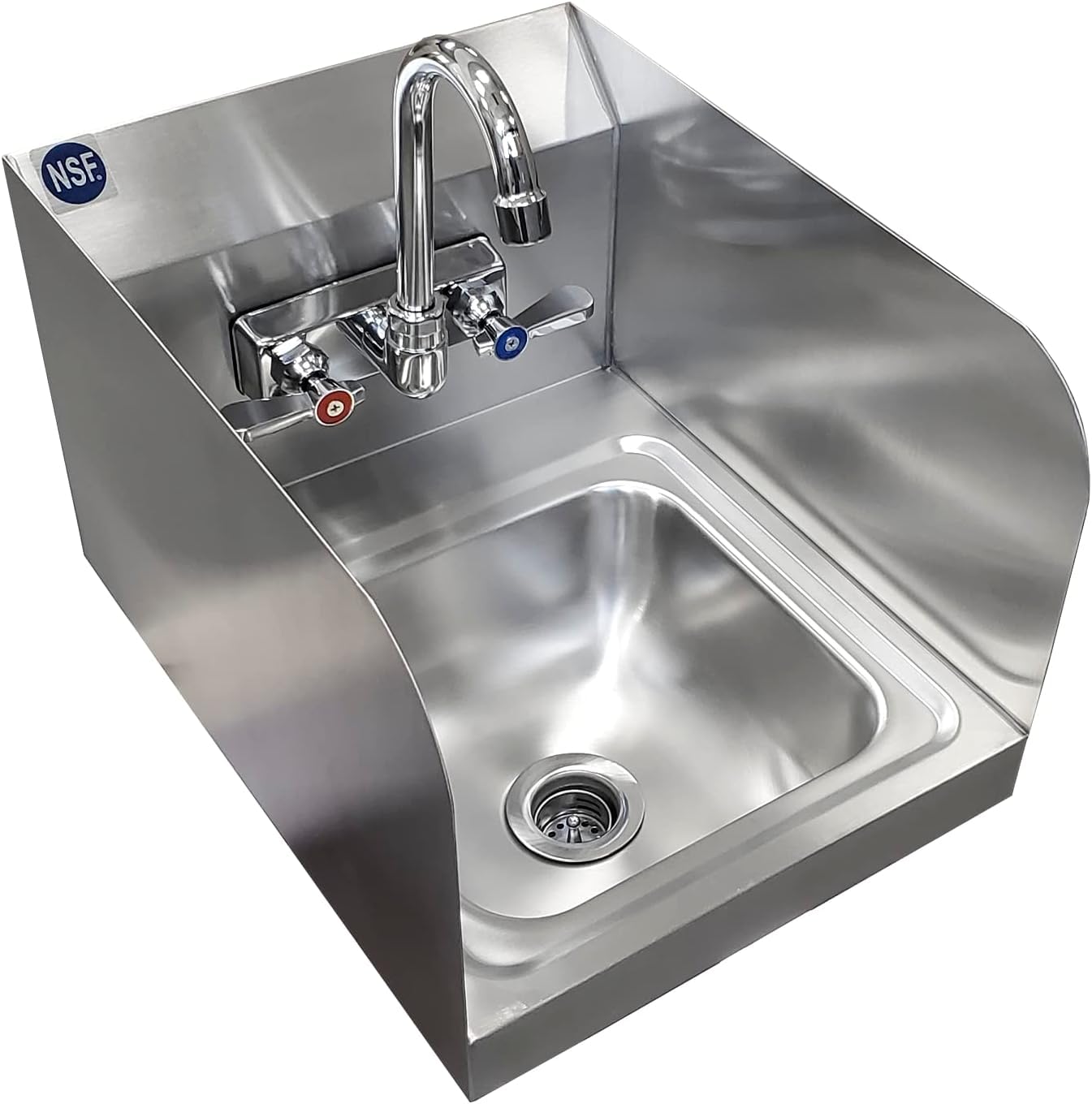 Express Kitchquip Stainless Steel Wall Mount Hand Basin With Gooseneck Faucet And Side Splash Guard. (16" X 12" Side Splash) Deep X Long